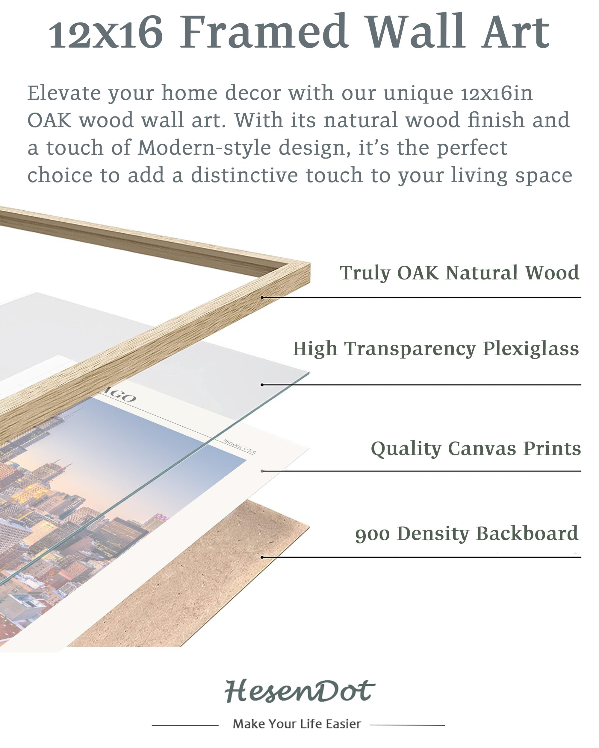 Hesendot Natural Oak Wood Chicago Cityscape Framed Wall Art,12X16In City Skyline Canvas Wall Print,Modern Urban Landmark Wall De