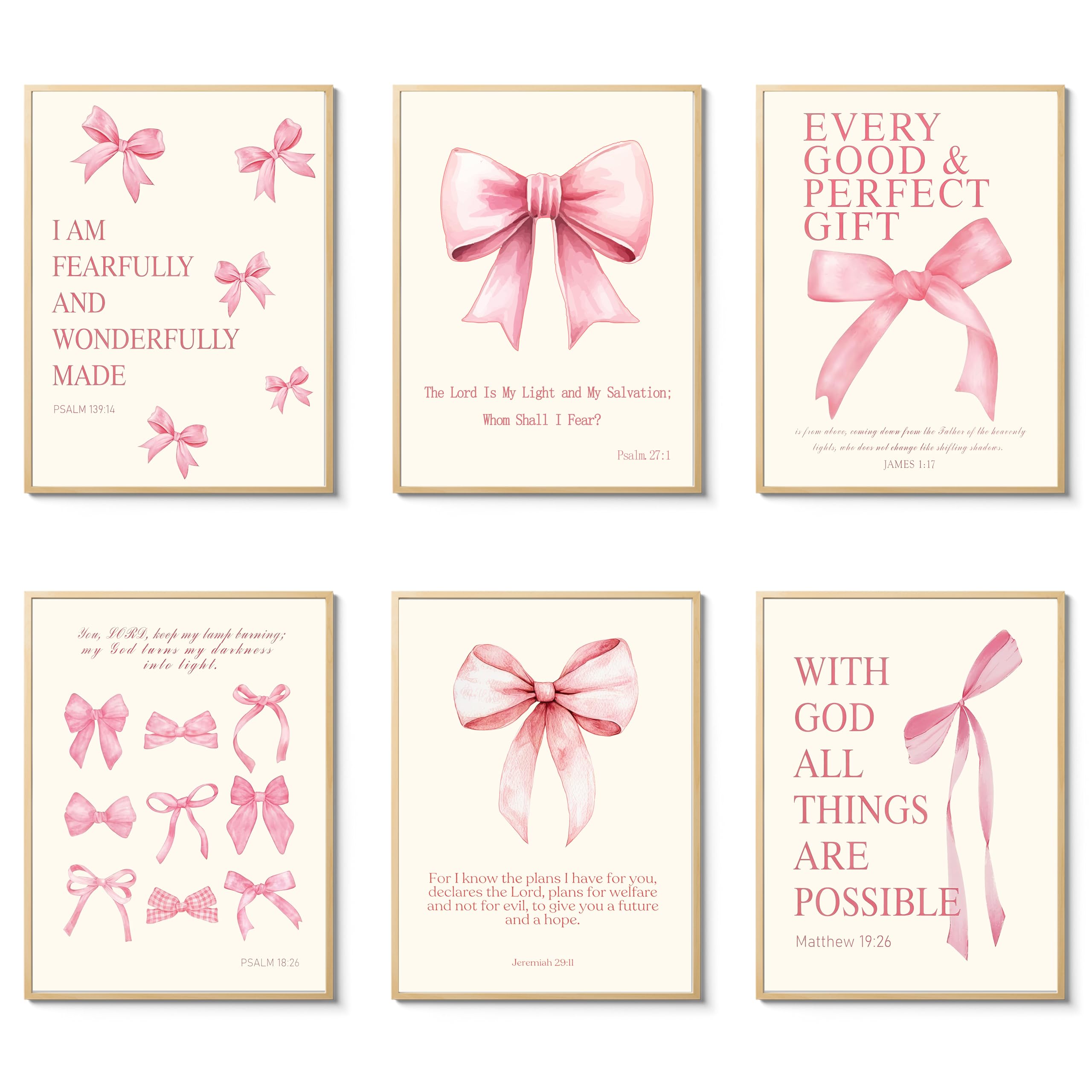 Pink Bow Wall Art Posters For Girls Room Decor, Inspirational Bible Verses Bow Wall Decor,Preppy Room Bedroom Bathroom Wall Art 