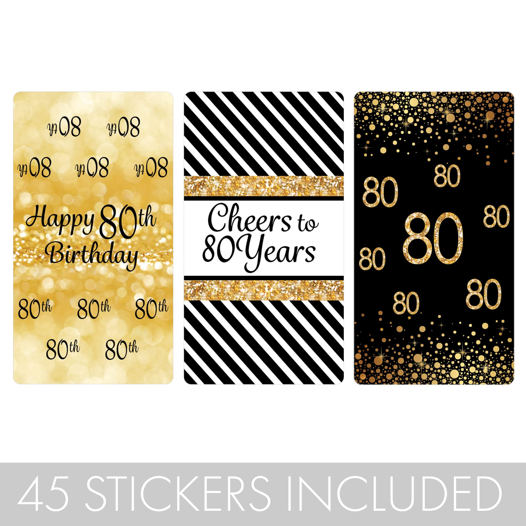 80Th Birthday Party Mini Candy Bar Wrappers - Black And Gold - 45 Stickers