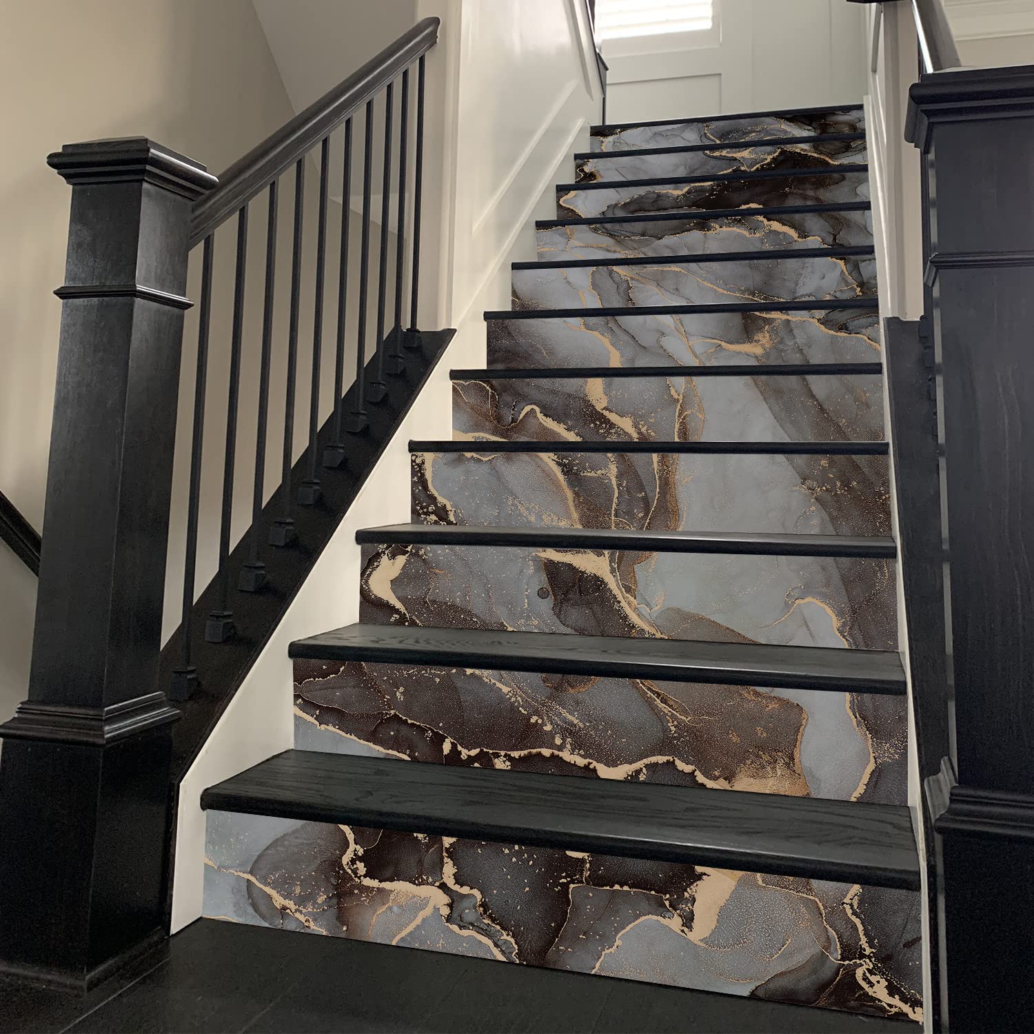 funlife 14Pcs Art Deco Modern Marble Peel and Stick Vinyl Stair Riser Decals Stickers, 39.37x7.09 Dark Grayish Orange Marble