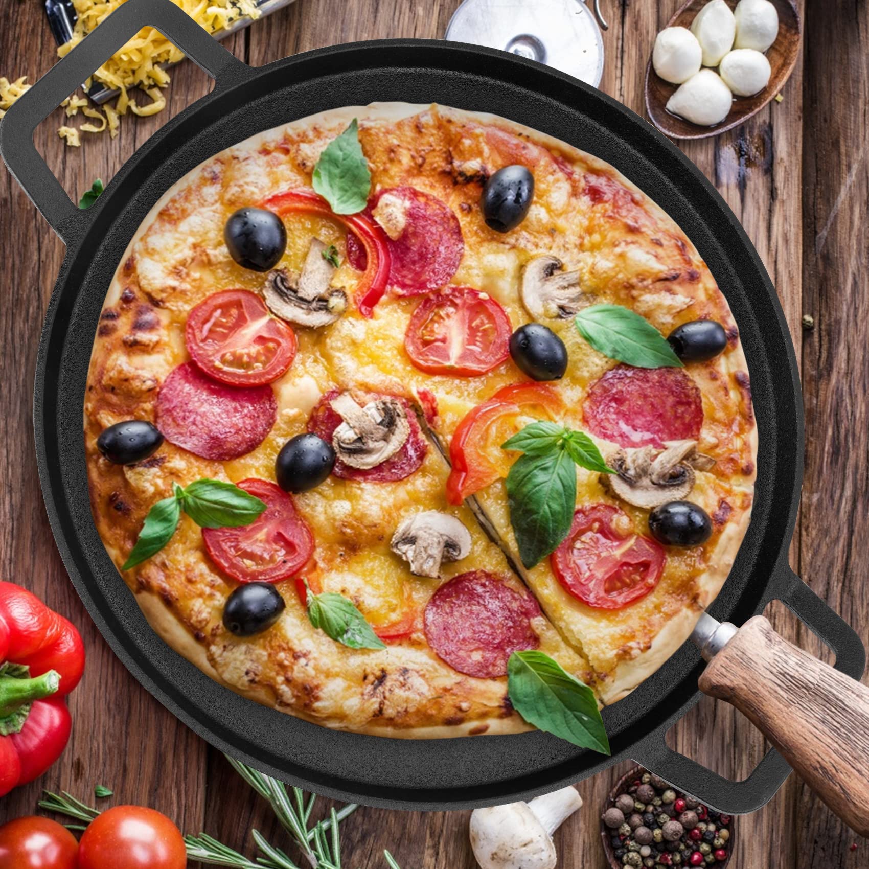 Onlyfire Cast Iron Pizza Pan, 14 Inch Baking Pan With Handles, Pre-Seasoned Skillet Round Griddle Pan For Grill Bbq, Baking Stov