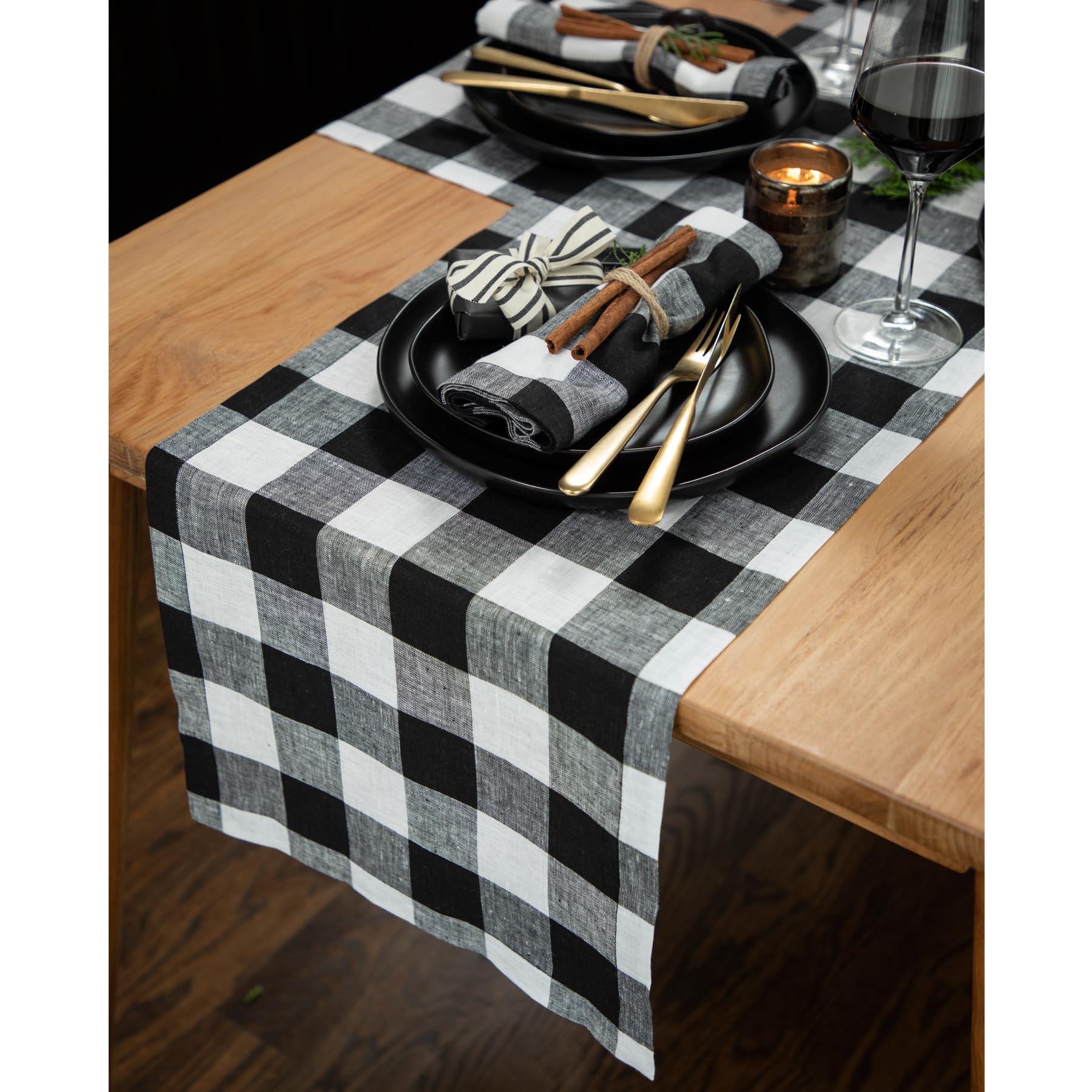 Solino Home Buffalo Check Linen Table Runner 72 Inches Long - 100% Pure Linen Black And White Plaid Table Runner 14 X 72 Inch Id