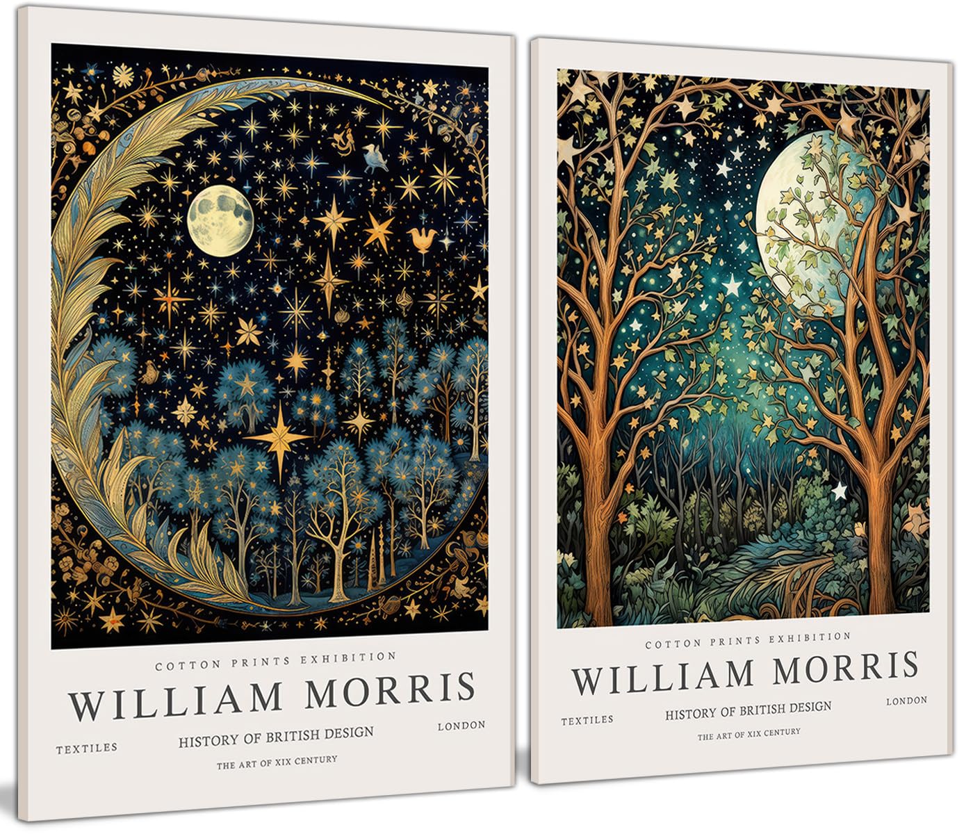 William Morris Canvas Wall Art Set Of 2, Vintage Moon & Stars Posters Prints Painting Art, Framed Botanical Art Wall Decor For B