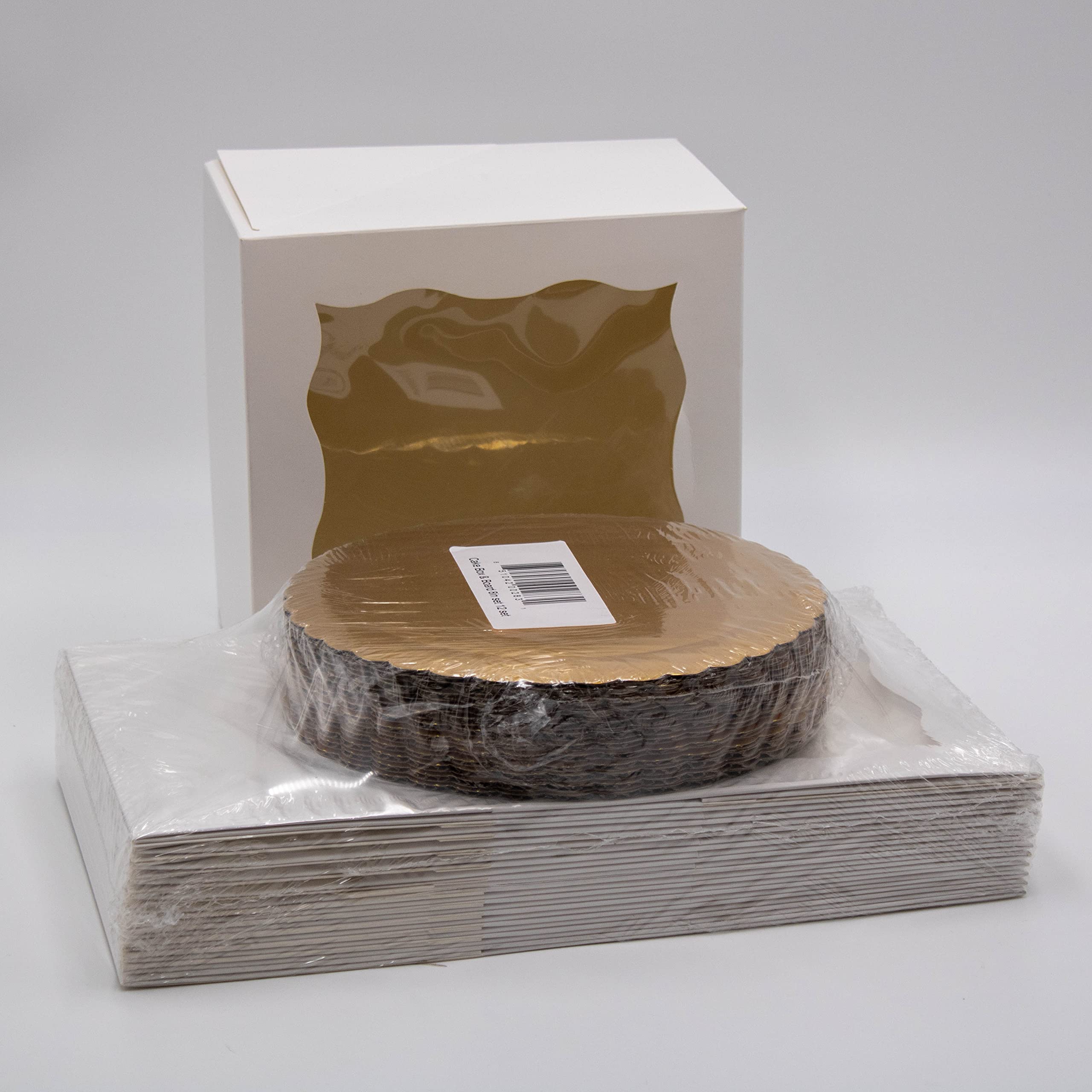 Green Harvest 8''X8''X5'' White Cake Box With Window And Gold Cake Board Combo 12 Sets 24 Pcs