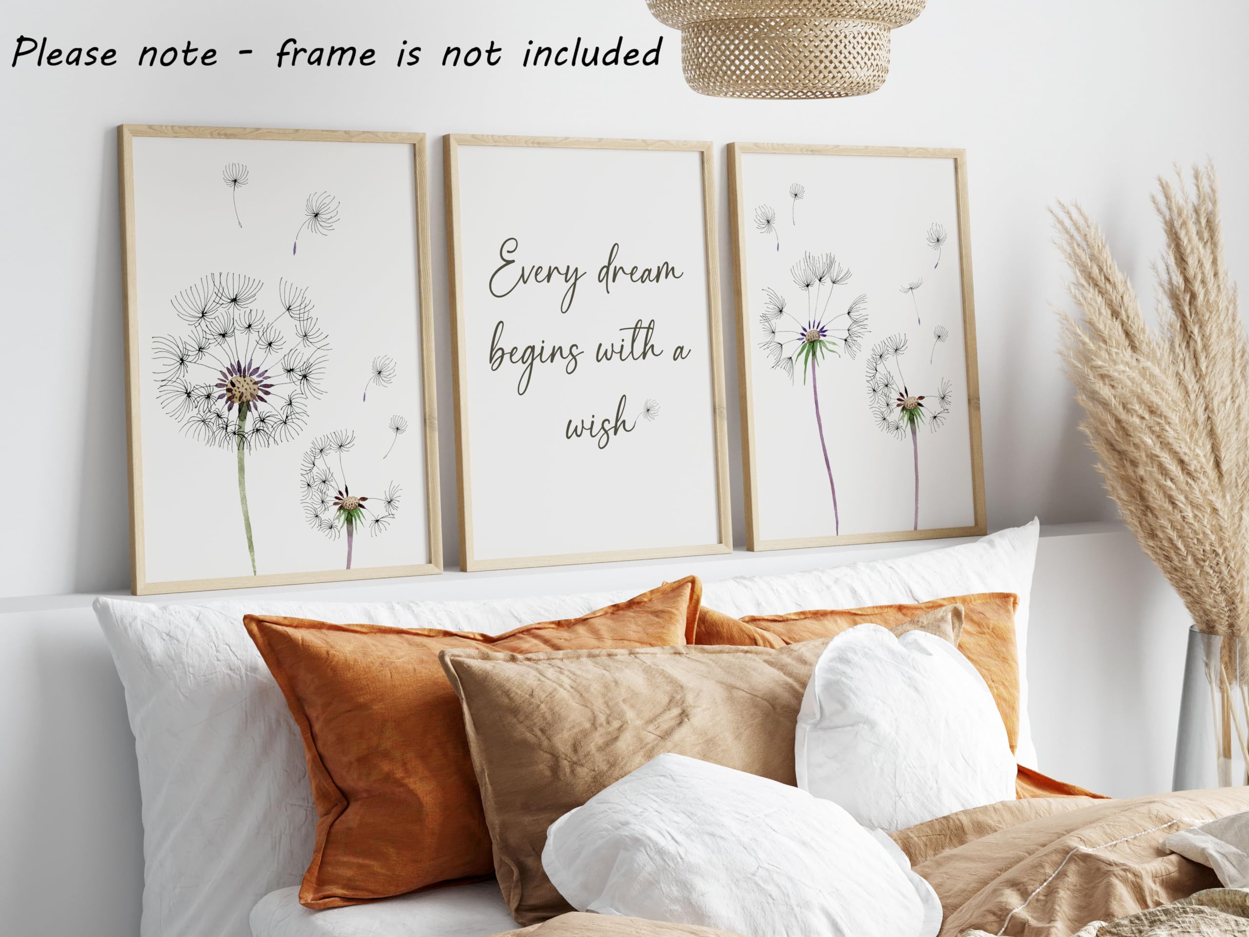 Dandelion Quote Wall Art Set Of 3 Unframed Prints, Plant Decor, Living Room Bedroom Poster Home Decor, Every Dream Begins With A
