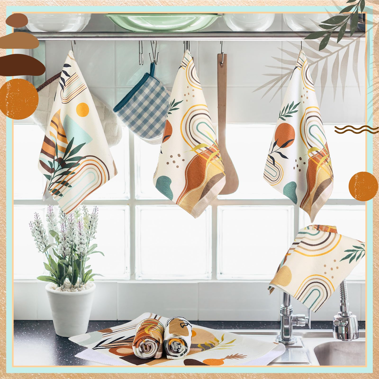 Breling Set of 6 Boho Kitchen Towels Mountains Rivers Sun Moon Dish Towel Bathroom Absorbent Tea Towels for Kitchen Bathroom Hom