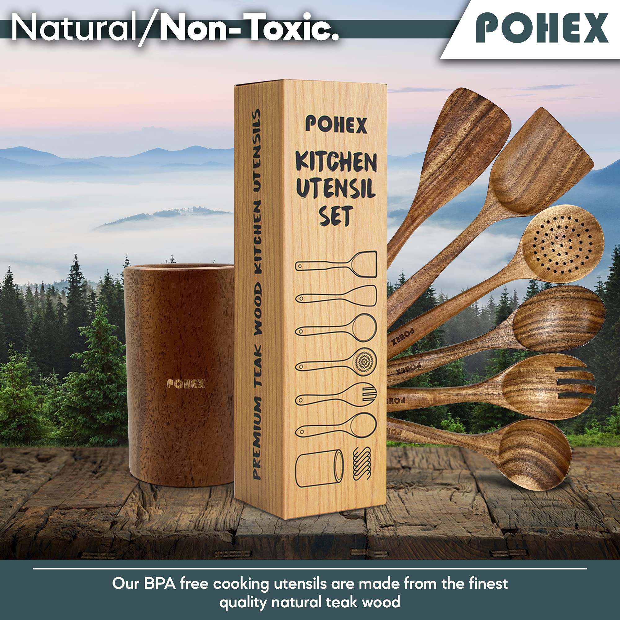 Pohex Teak Wood 12 Piece Kitchen Utensil Set With Wooden Holder/Barrel, 6 Gadgets Wooden Spatula, Spurtle, Slotted Spoon, Salad