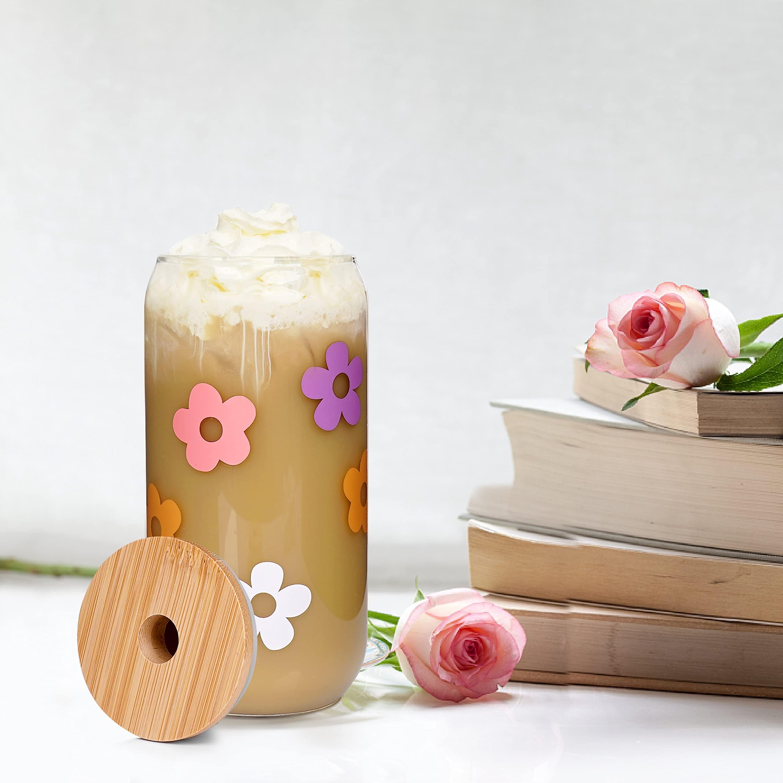 Mason Life Cute Glass Cups With Lids And Straws, Valentine 'S Day Gift For Women, 18Oz Aesthetic Cups Iced Coffee Cups, Flower C