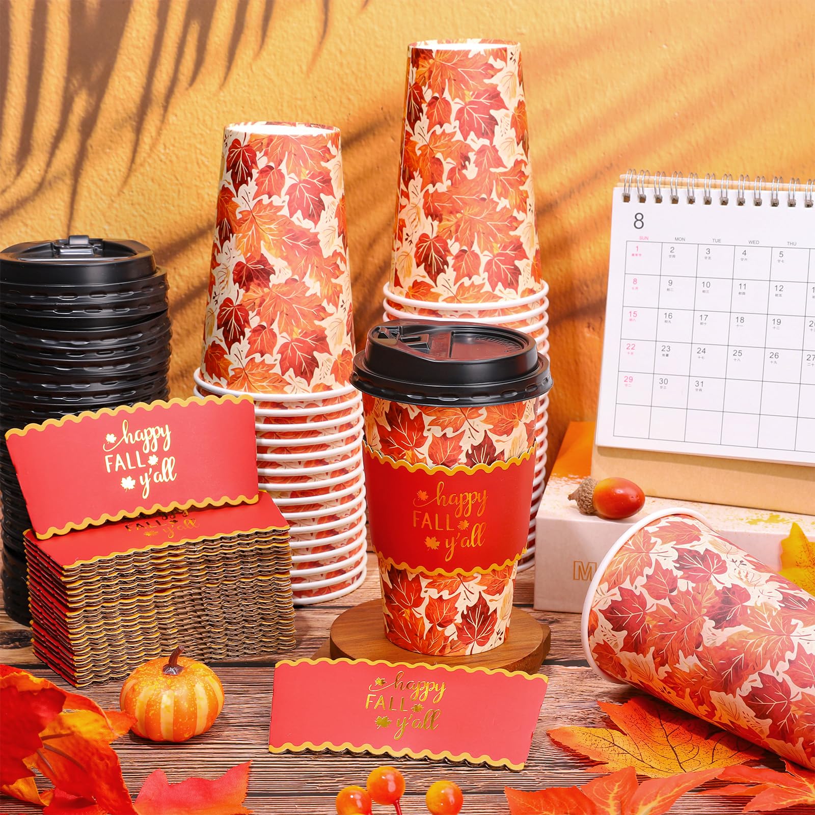 Whaline 50Pcs 16Oz Fall Thanksgiving Disposable Coffee Cups with Lids and Sleeves Orange Brown Red Maple Leaf Paper Drinking Cup