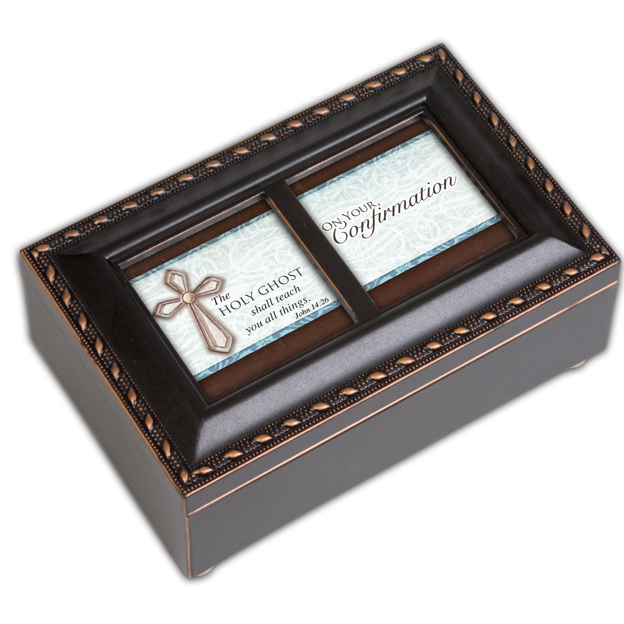 Cottage Garden Confirmation Boy Distressed Black Rope Trim Petite Music Jewelry Box Plays Hallelujah