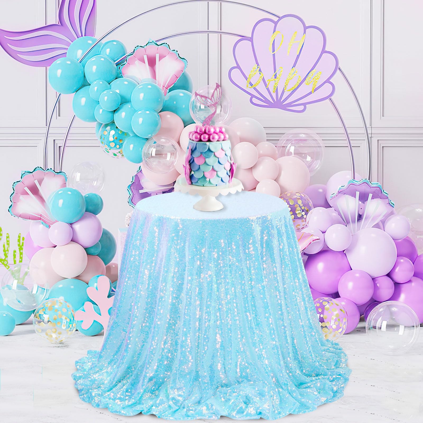 Queendream Iridescent Tablecloth Blue Sequin Table Cloth Overlay Glitter Mermaid Birthday Party Decorations 90X132 Inches