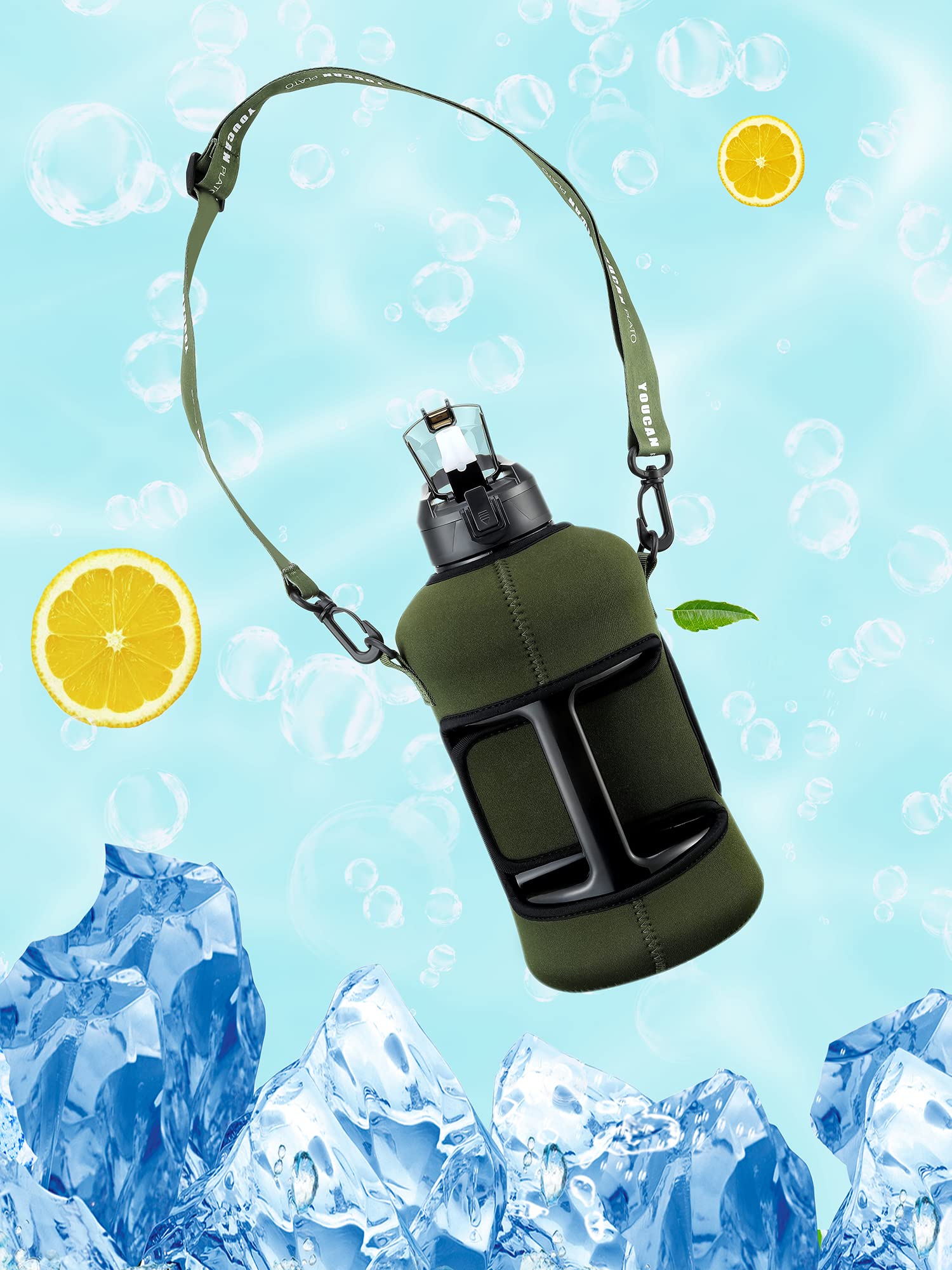 YOUCAN PLATO 64 oz Half Gallon Water Bottle with Sleeve-Large Big Gym Water Bottle with Straw- Gallon Water Jug with Handle and Bottle Brush-BPA Free-2 Liter workout bottle  Army Green