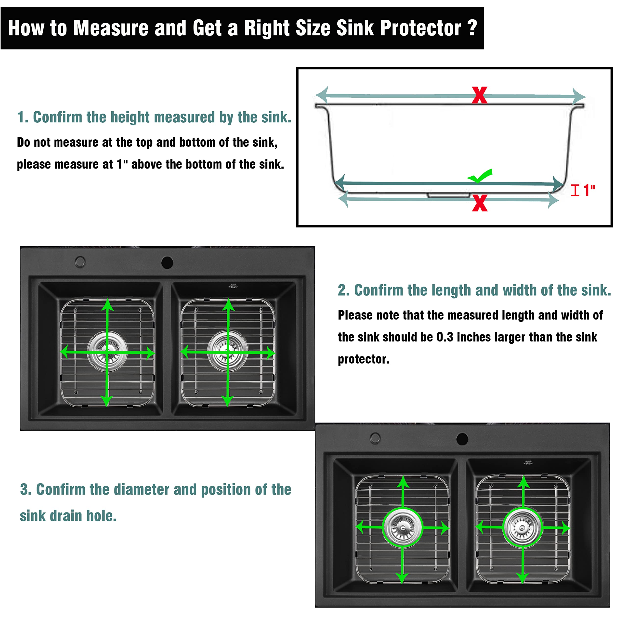 LOCVCDA Stainless Steel Sink Protectors - 13" x 11-5/8", Center Drain, 2-Pack, Kitchen Sink Grid with Drain Hole