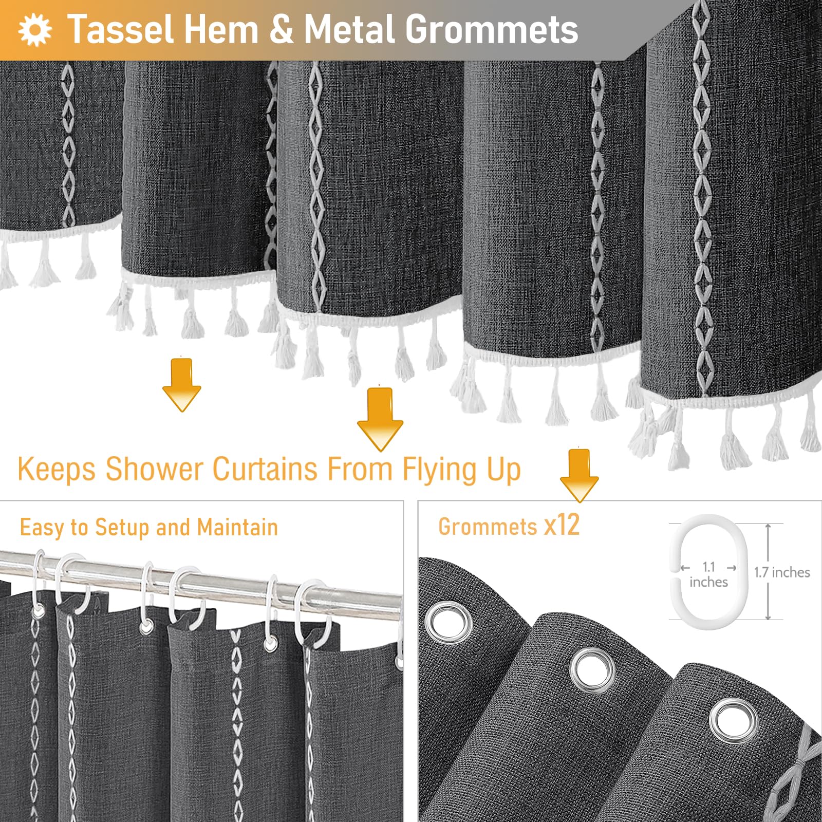 Bttn 78 Inch Long Shower Curtain - Boho Farmhouse Linen Thick Striped Fabric Shower Curtain Set With Hooks, Tall Rustic Country