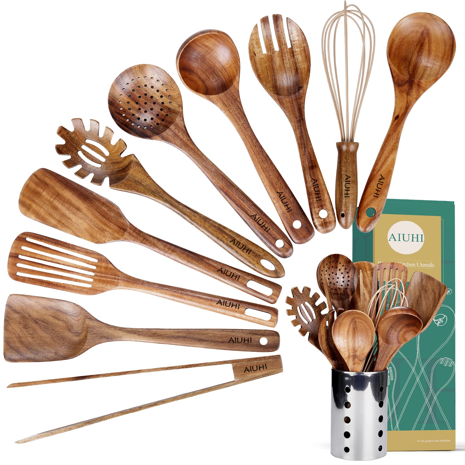Kitchen Utenails Set With Holder,Kitchen Wooden Utensils For Cooking, Wood Utensil Natural Teak Wood Spoons For Cooking,Wooden K