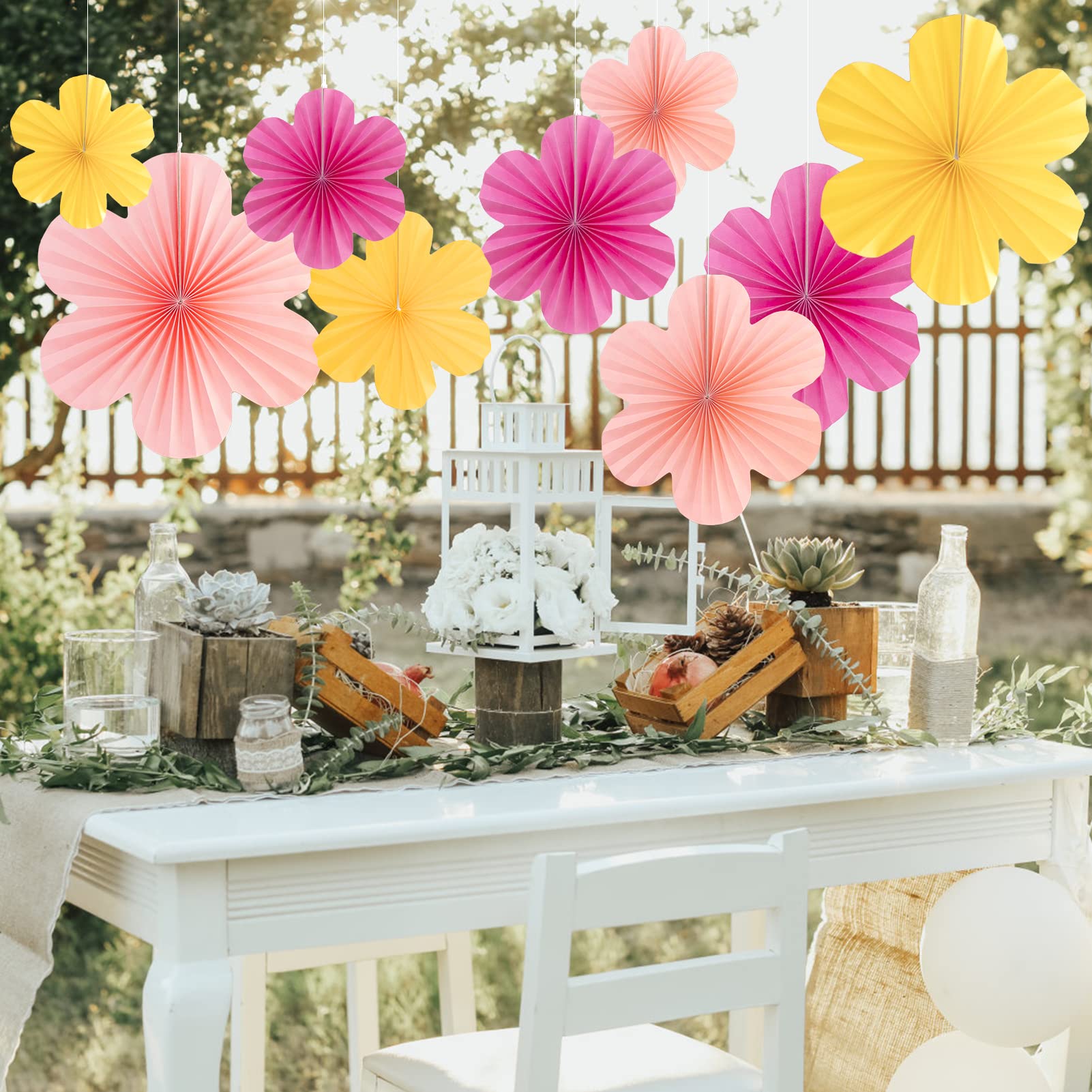 SUNBEAUTY Paper Flowers Decorations for Wall Paper Fans Classroom Decoration Paper Floral Backdrop Decor Paper Fans Decoration Hanging Paper Fans Pink Flower Wall Decor Set of 9