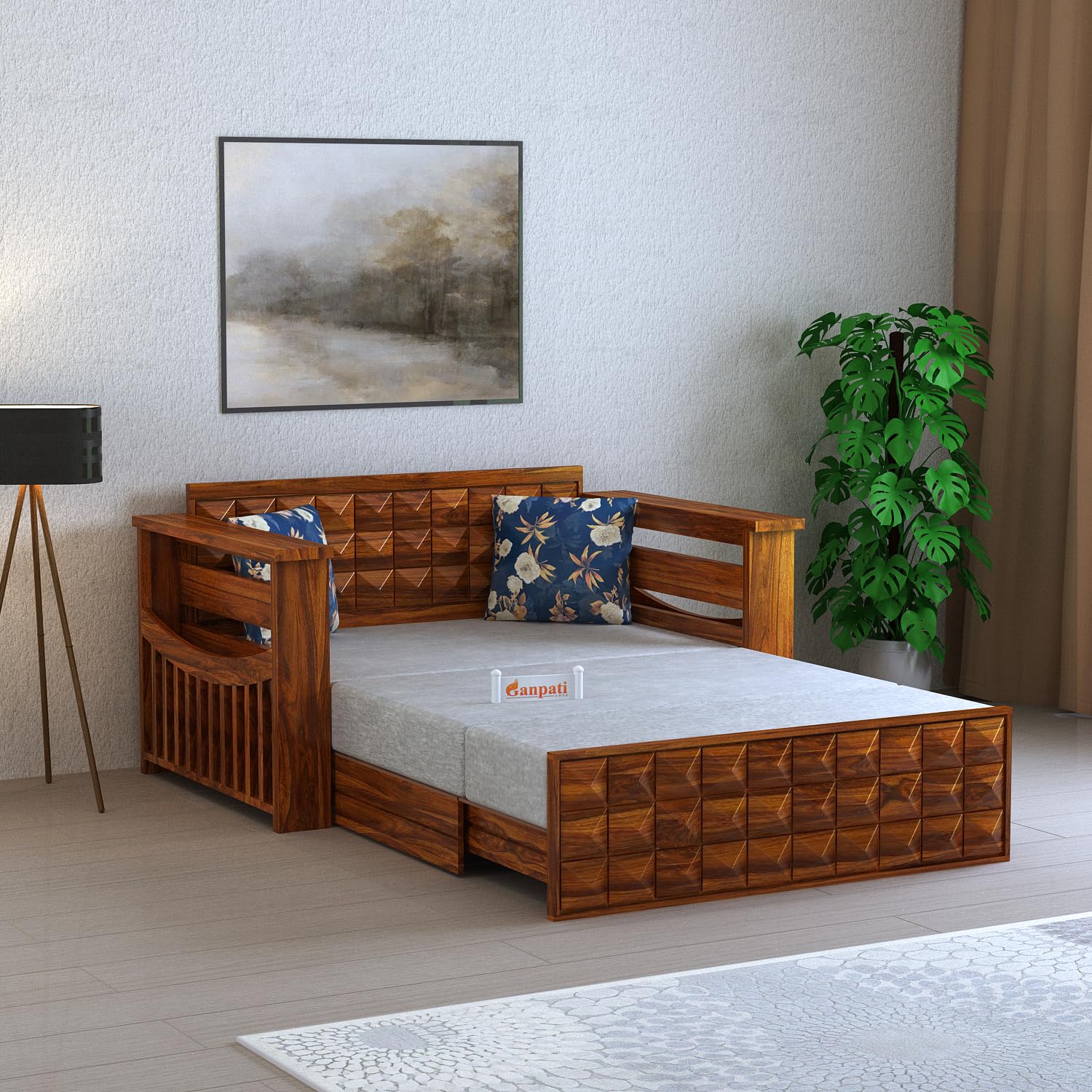 Ganpati Arts Sheesham Wood Oslo 2 Seater Diamond Sofa Cum Bed With Storage And Side Pockets For Living Room Wooden Sofa Cum Bed 