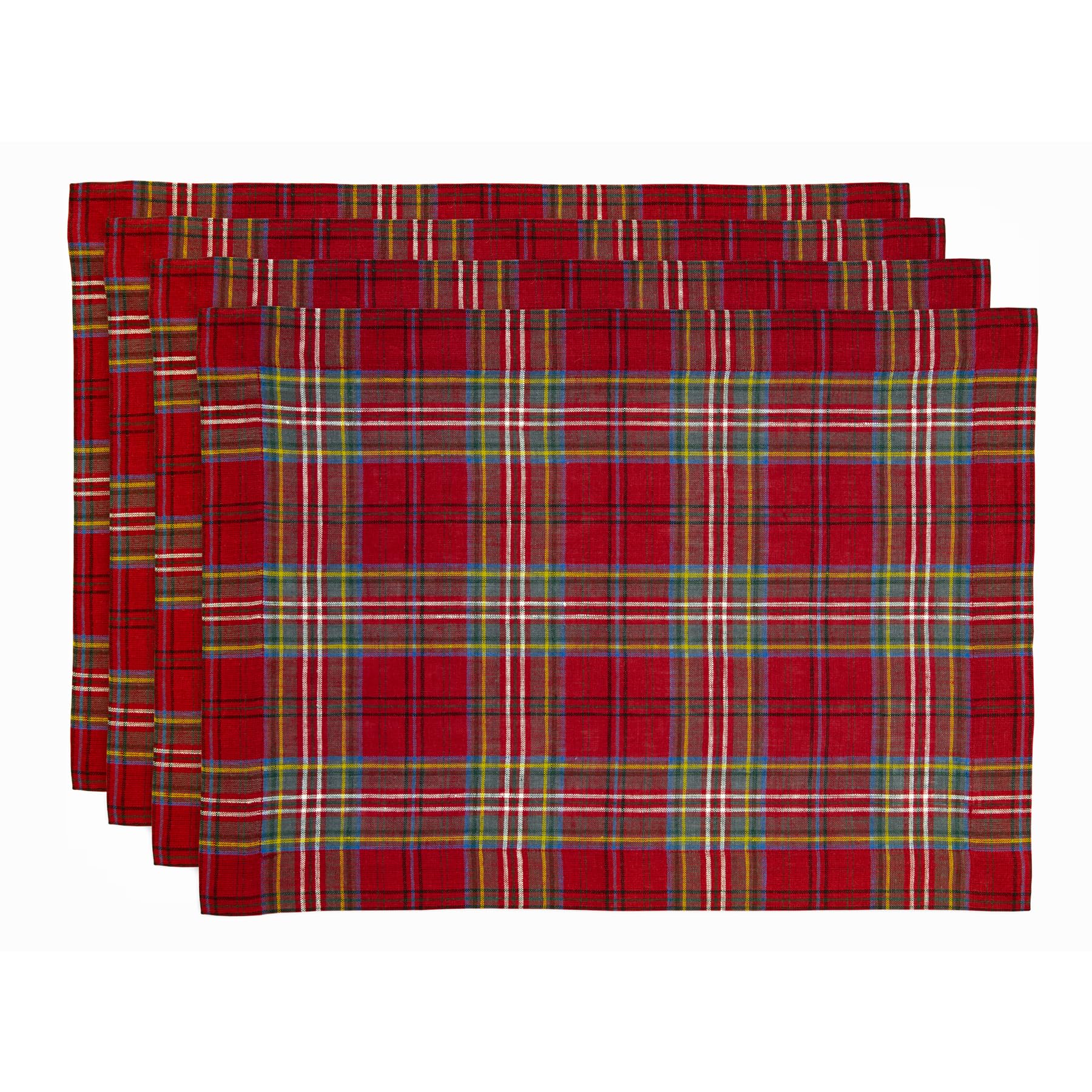 Solino Home Placemats Set Of 4-100% Pure Linen Red Classic Tartan Plaid Cloth Placemats 19'' L X 14'' W Inch - Handcrafted And M