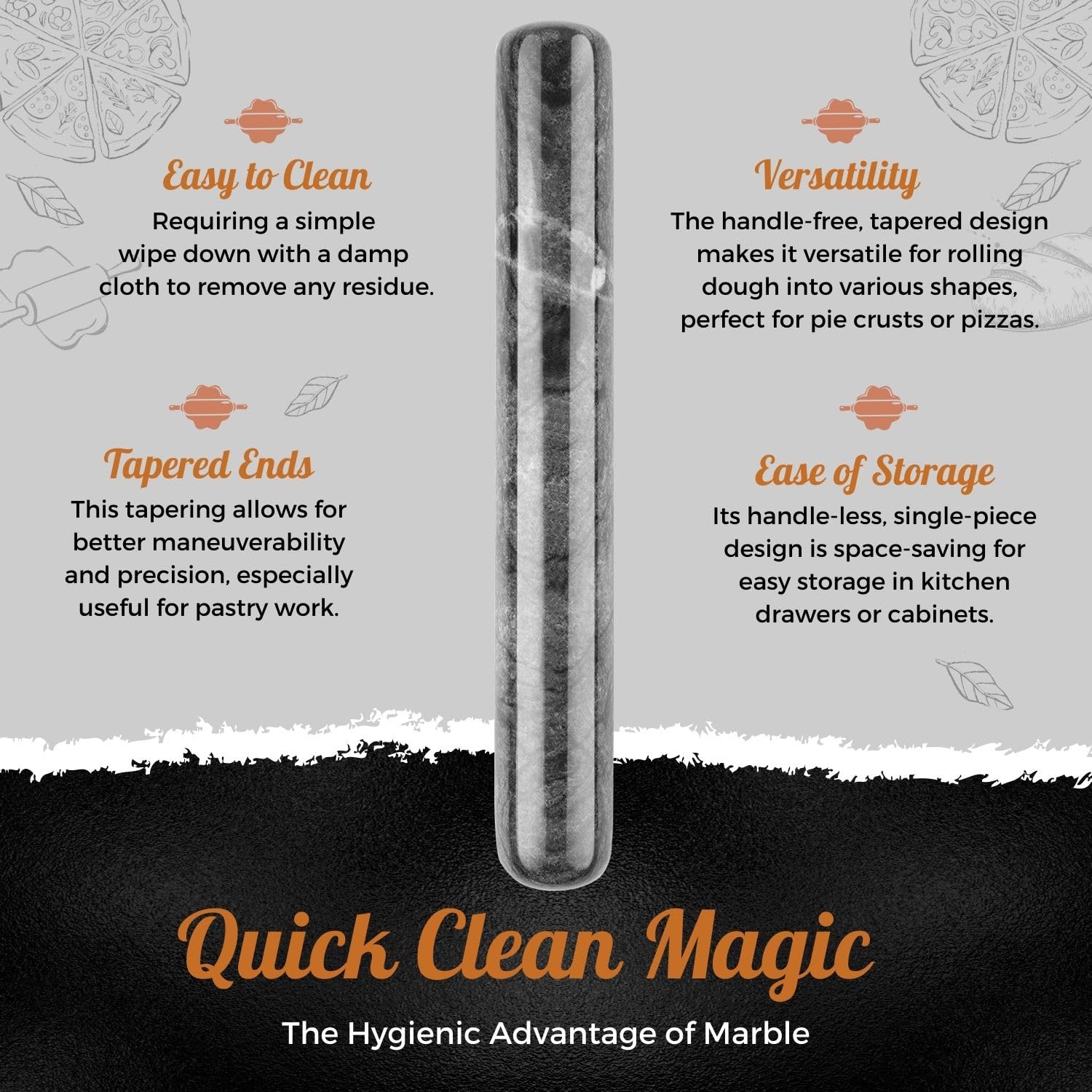 Flexzion French Rolling Pin, 12 Inch Black Marble Rolling Pins For Baking With Wooden Base Holder Stand - Non-Stick Baking Rolle