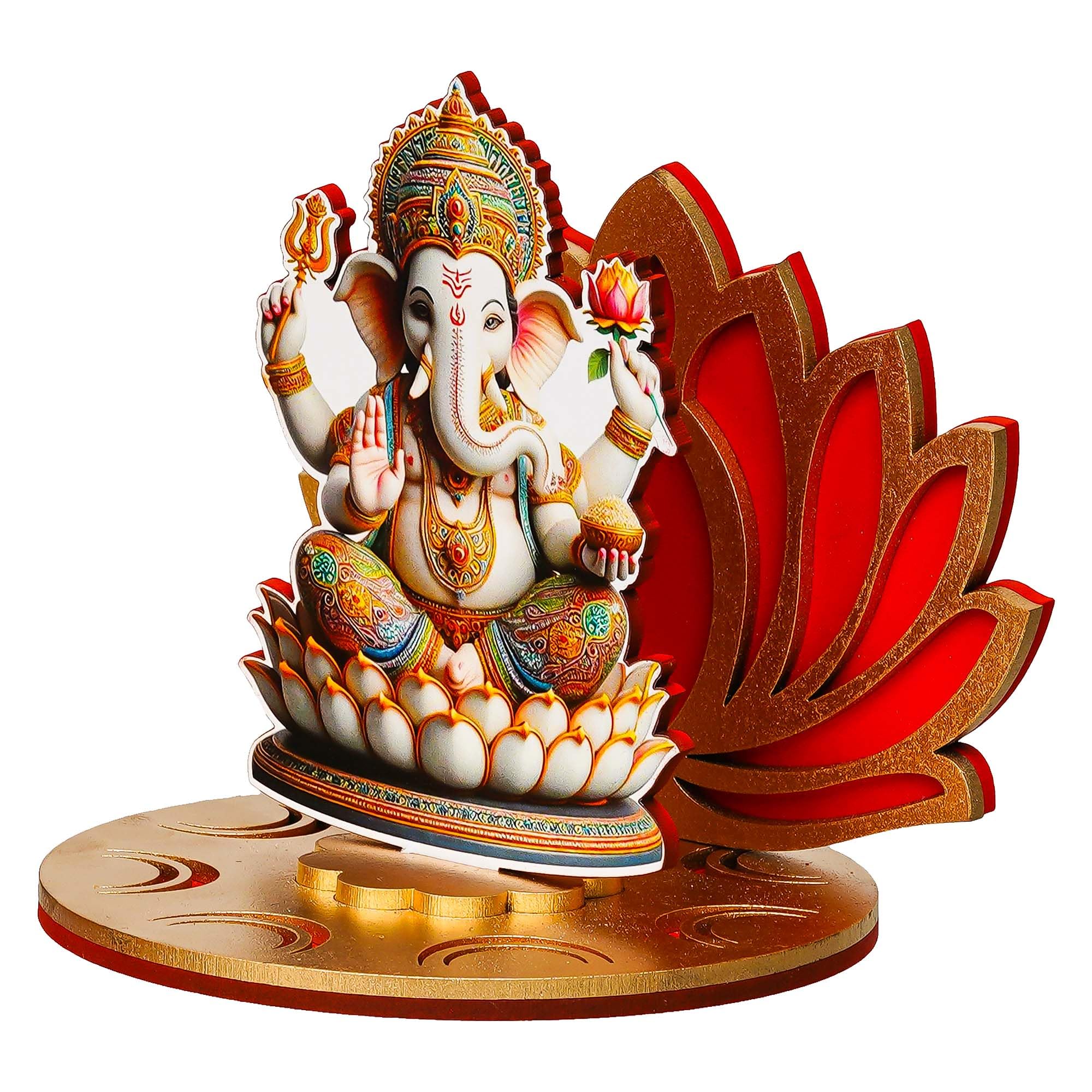 Ecraftindia Mdf Wooden Lord Ganesha Sitting On Lotus Flower Decorative Showpiece For Diwali, Lakshmi Puja, Ganesh Chaturthi Fest