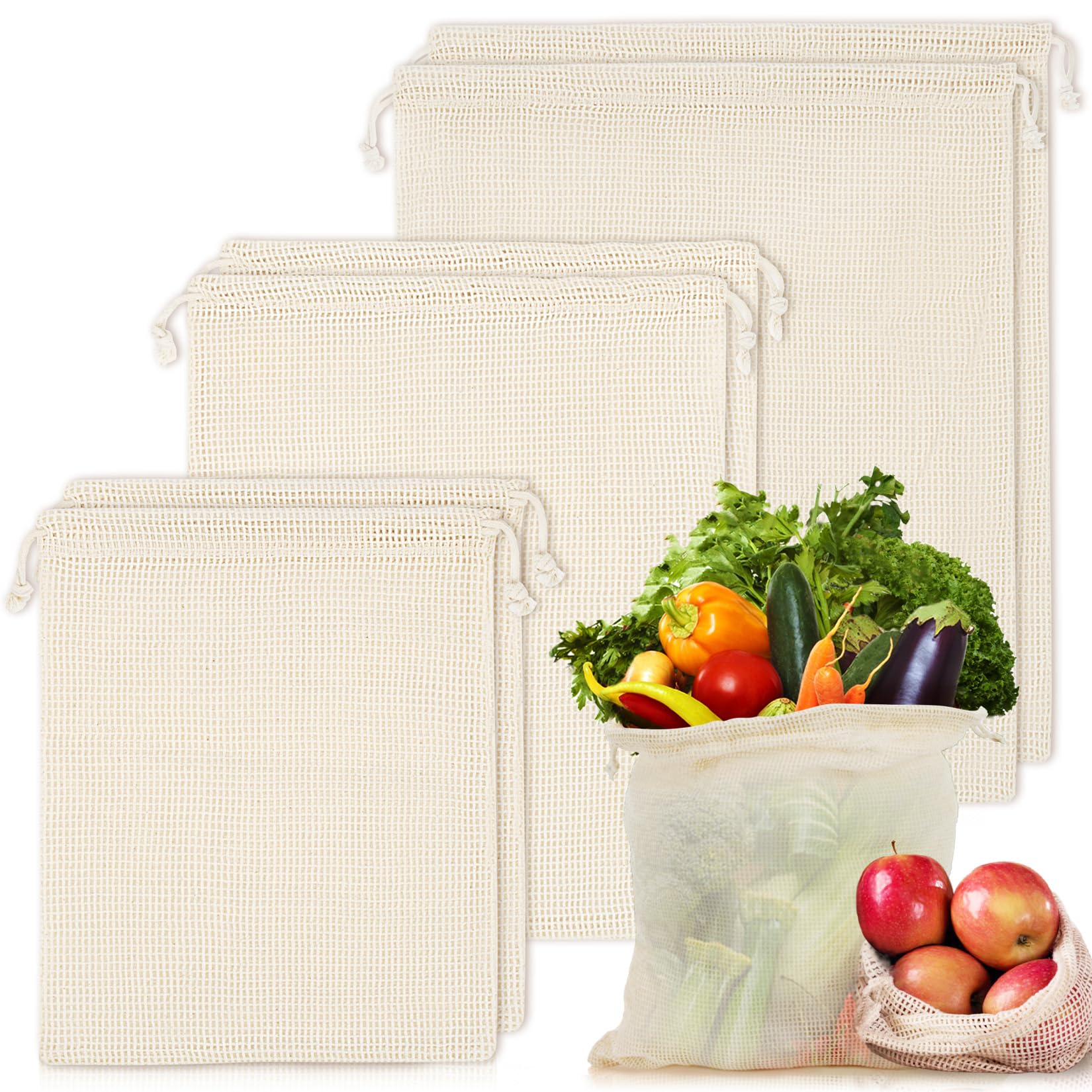 MAQIHAN 6 Pack Reusable Produce Bags Cotton Mesh Produce Bags Mesh Storage Produce Bags Reusable Durable Double Stitched With Dr