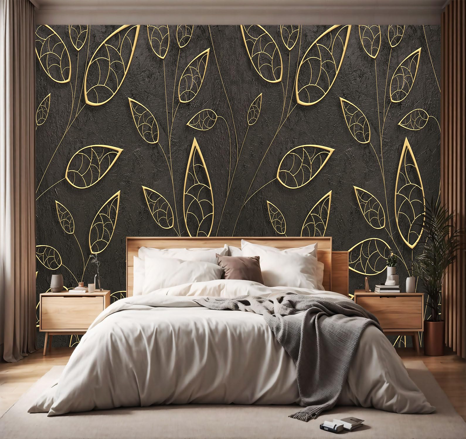 YIHWM -Gold Leaf Backdrop Large Fabric Wallpaper Living Room Bedroom Bathroom Wall Mural- 137x96( not Peel and Stick)
