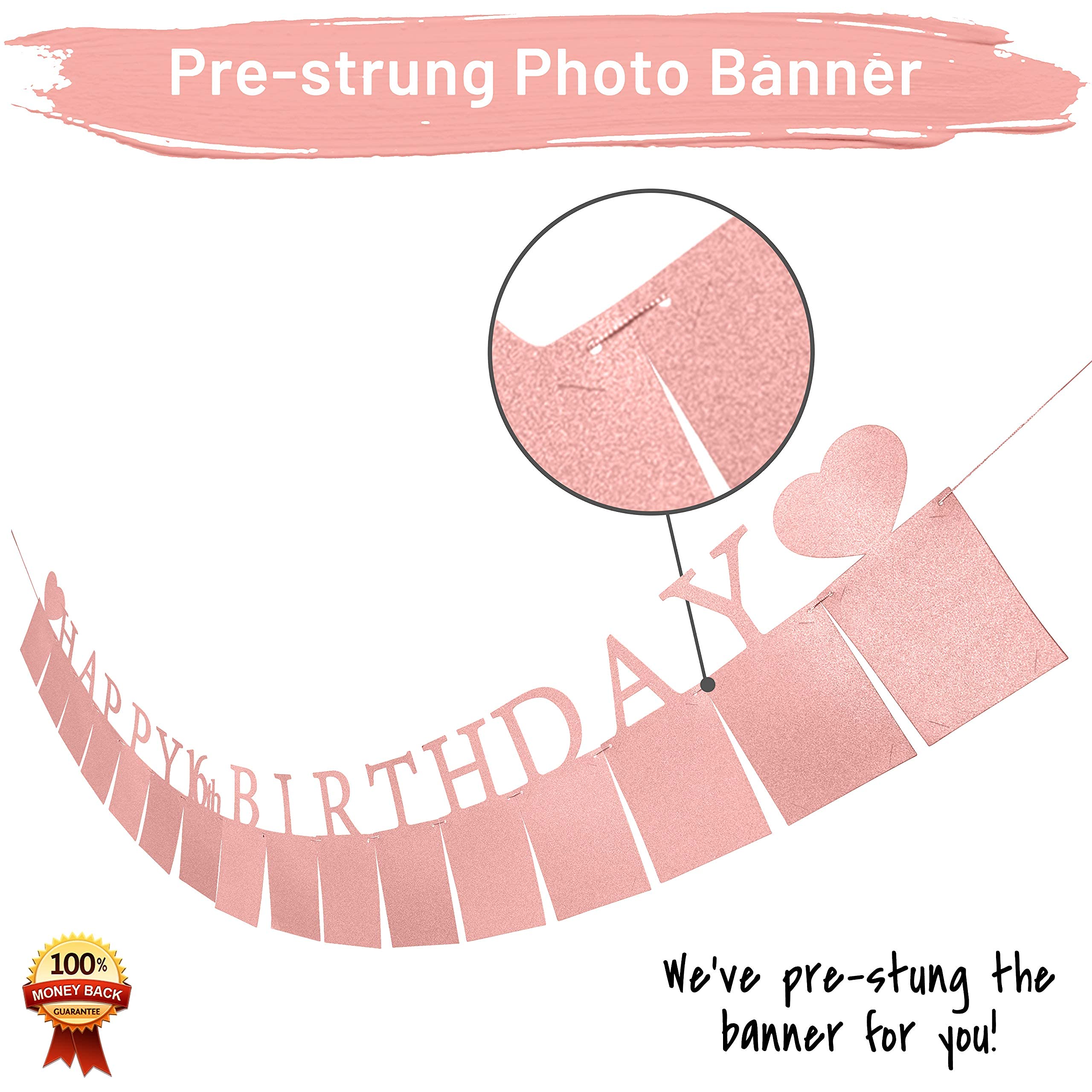 Sweet 16 Birthday Decorations Photo Banner In Rose Gold Pre-Assembled - Sweet 16 Banner With Sixteen Photo Card Frames Party Sup