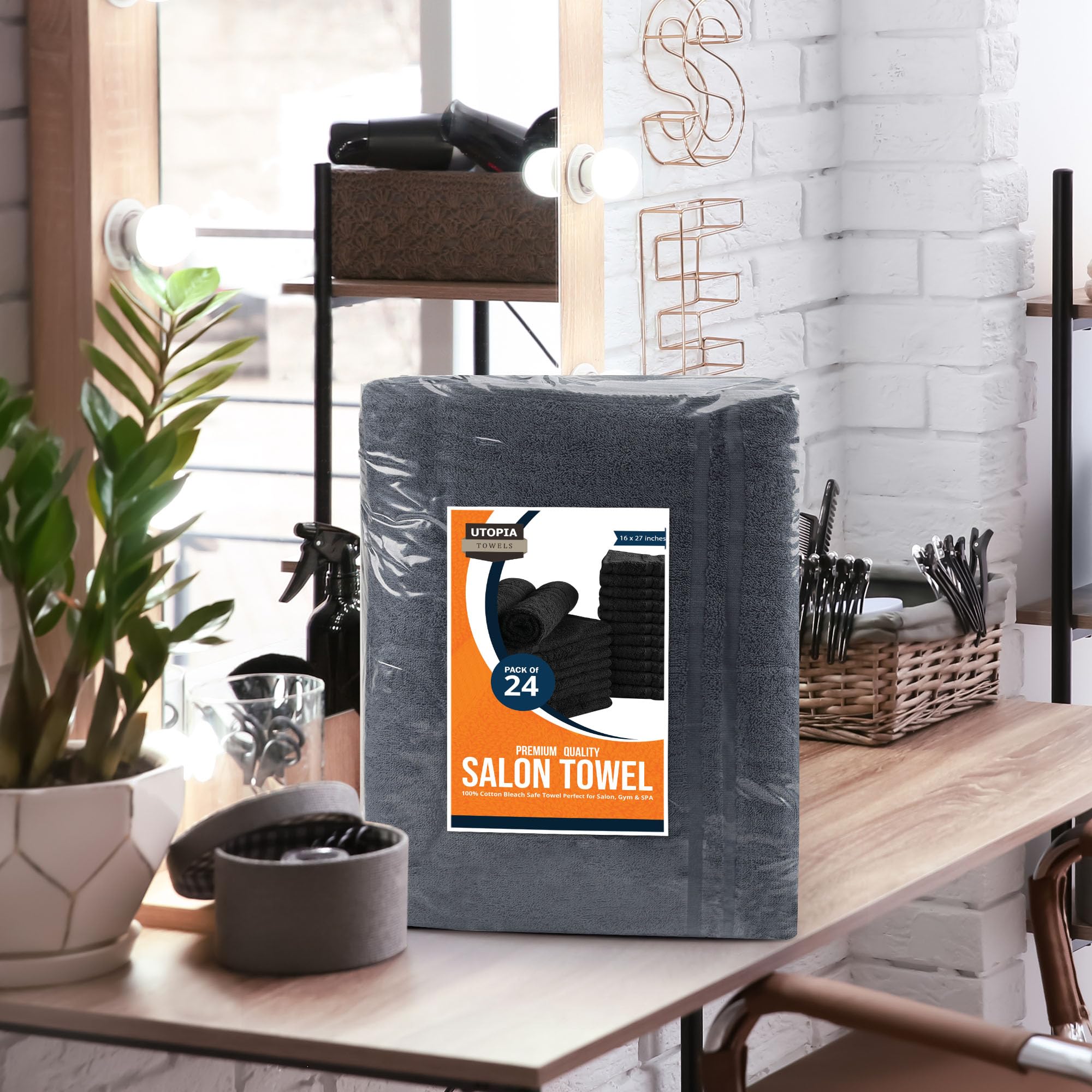Utopia Towels Cotton Bleach Proof Salon Towels (16x27 inches) - Bleach Safe Gym Hand Towel (24 Pack  Dark Grey)