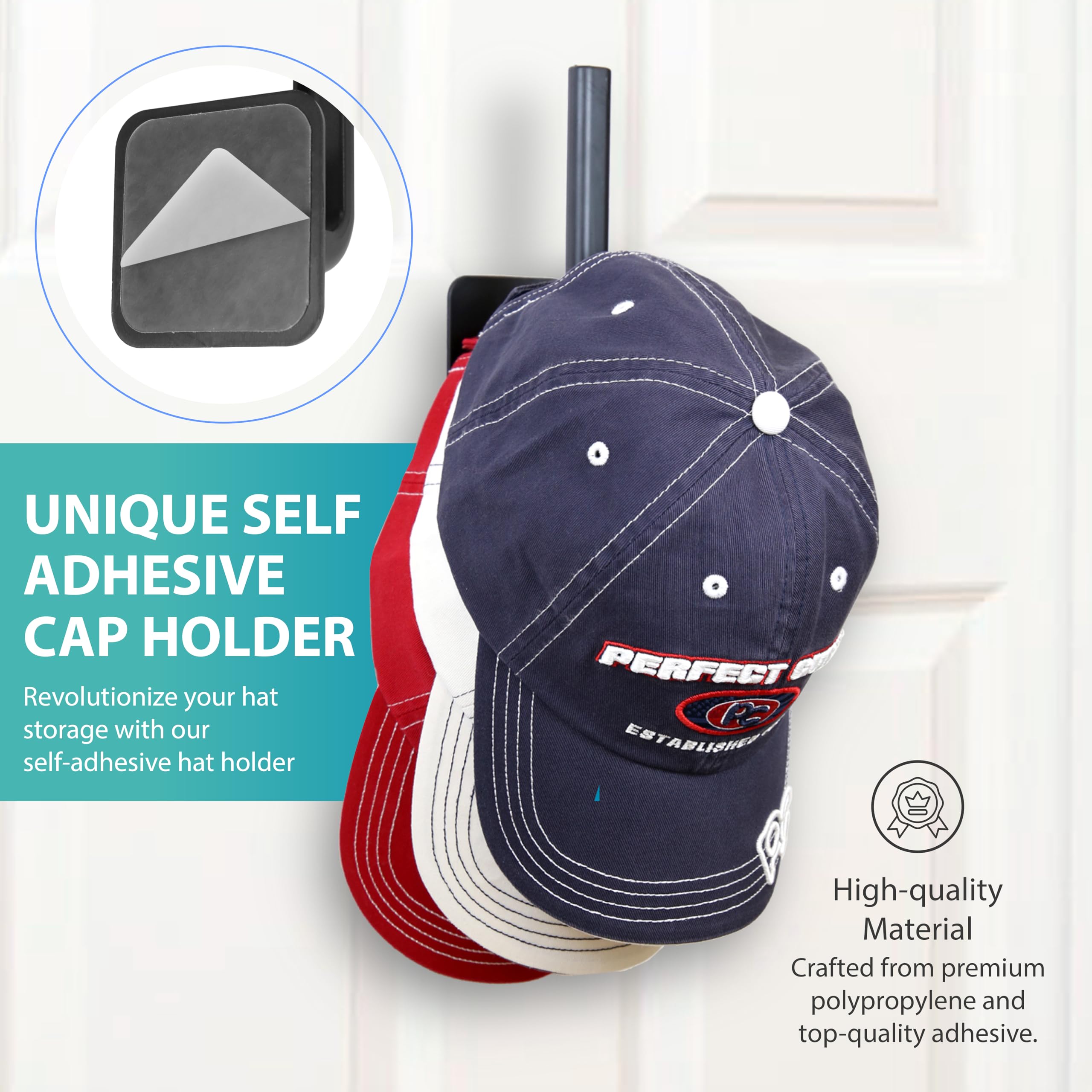 Perfect Curve Adhesive Hooks | Versatile, No Drilling, Hat Organizer, Durable Hooks For Baseball Caps And Accessories | Black, 8