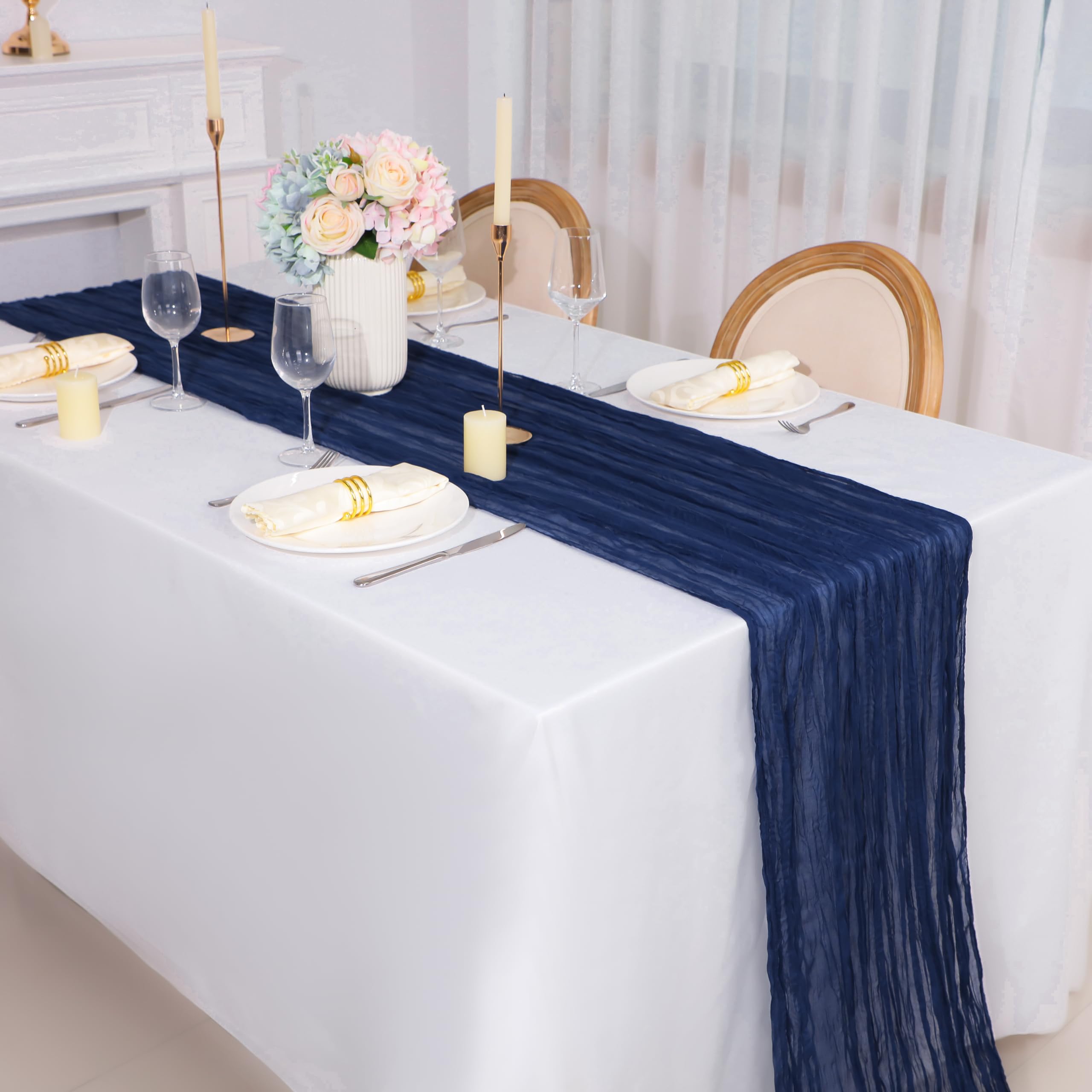 Snowkingdom 13Ft Navy Blue Cheesecloth Table Runner, 160Inch Long Cheese Cloth Boho Gauze Table Runner For Wedding Bridal Baby S