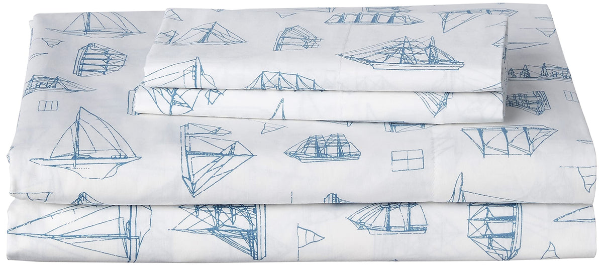 Nautica - Queen Sheet Set, Cotton Percale Bedding Set, Crisp  Cool, Lightweight  Breathable (Whitewood Sail Blue, 4 Pieces, Quee