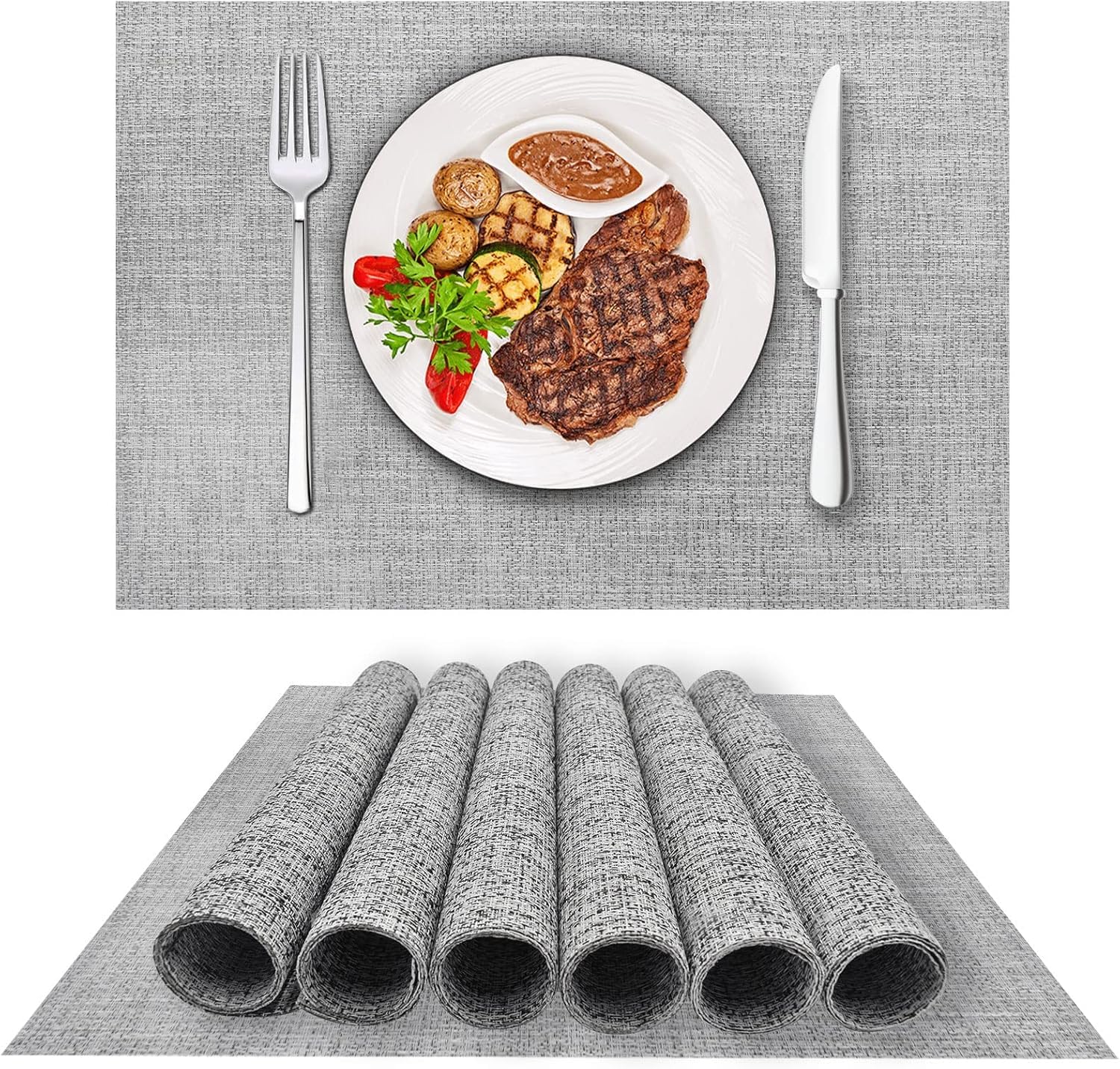 Dachui Placemats Set Of 6, Linen Look Woven Place Mats, Water Resistant, Heat Resistant, Washable, Durable Table Mats (Smoky Gre