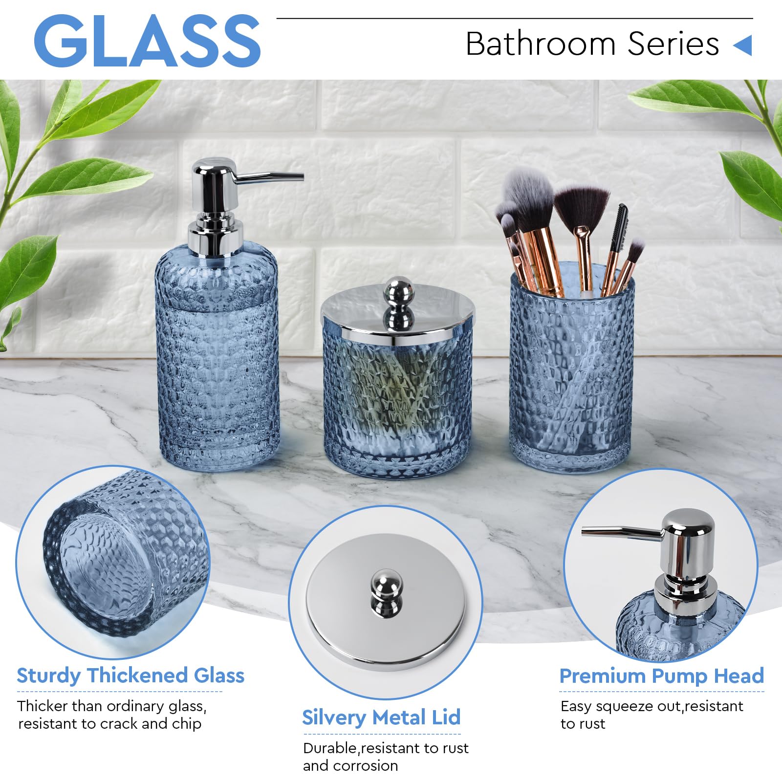 Bathroom Accessories Set,4 Pcs Blue Glass Bathroom Accessories Sets-Lotion Soap Dispenser,Toothbrush Holder,Qtip Holder Dispense