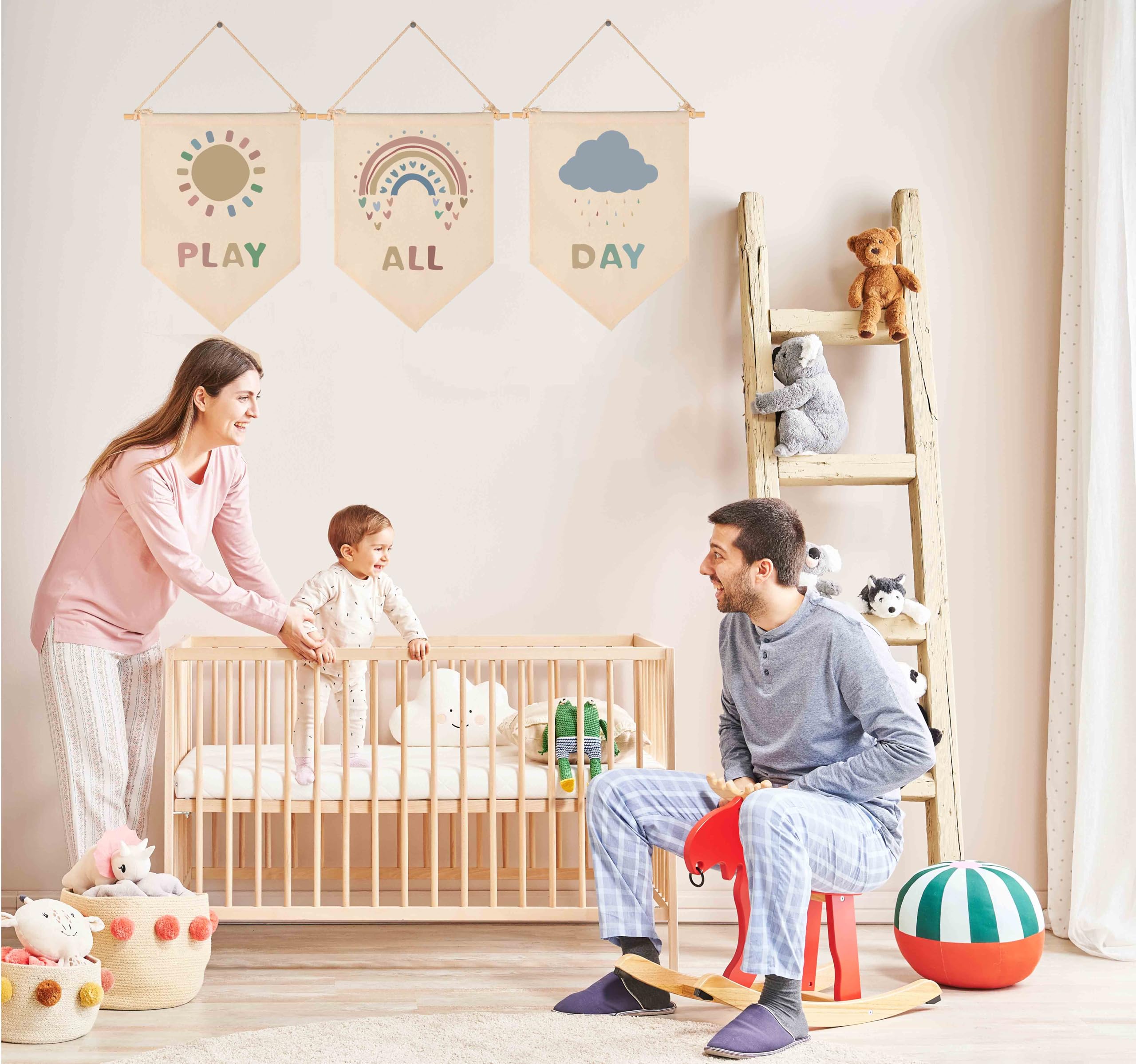 Play,All,Day,Sunshine,Rainbow,Cloud-Flag Decor Gifts for Baby Boys Girls Kids-Canvas Hanging Banner Wall Sign Decor Gifts for Nu