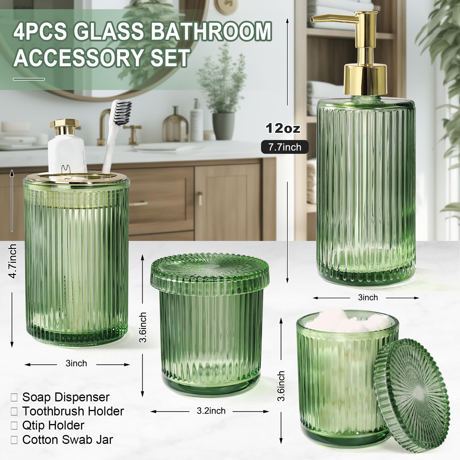 Green Glass Bathroom Accessories 4 Pcs, Green Bathroom Set, Green Soap Dispenser And Toothbrush Holder Set, Qtip Holder Set, Vin