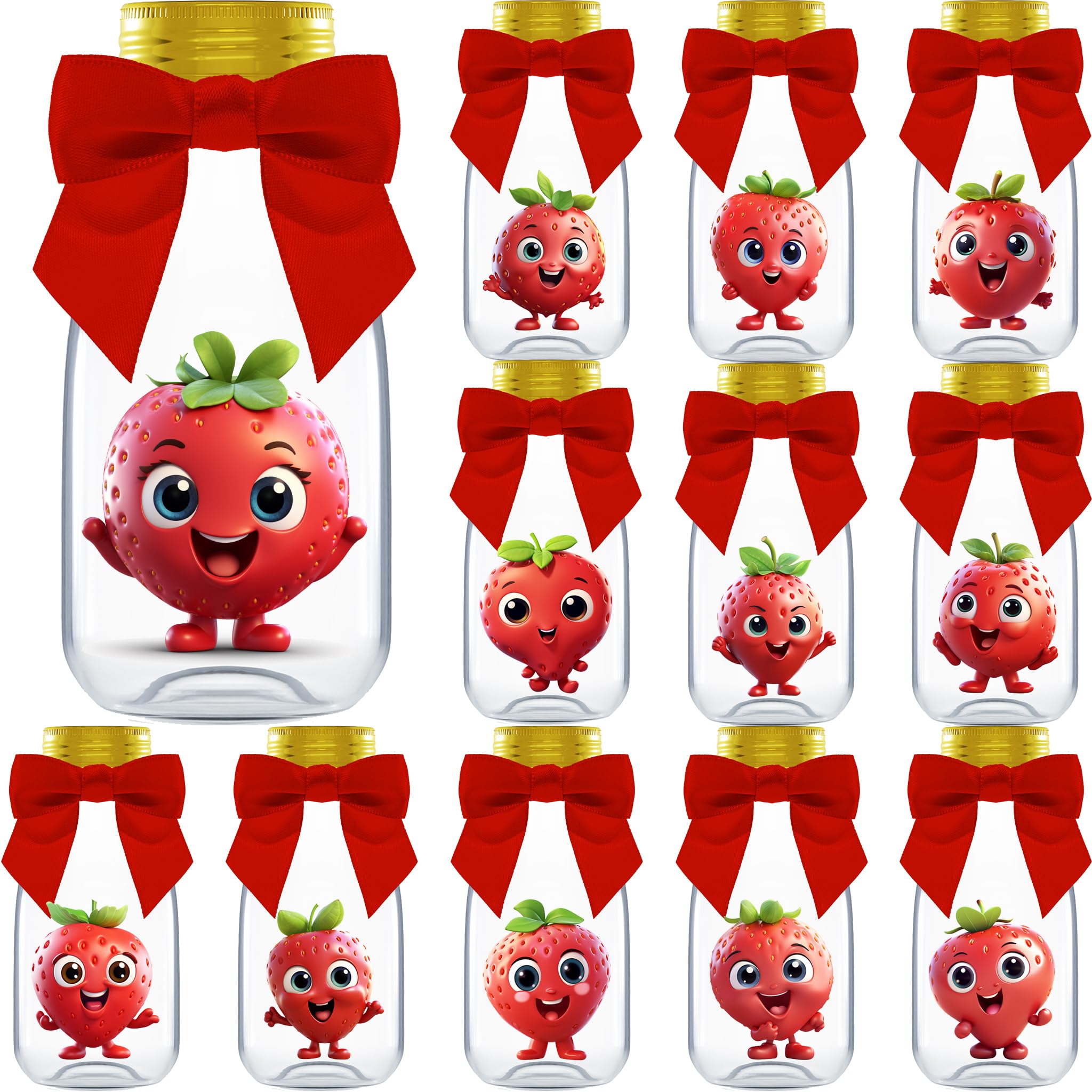 Ethisa 12 Pack Strawberry Party Favors - DIY Candy Jars with Ribbons and Sticker - Party Decoration Bottles for Berry First Birt