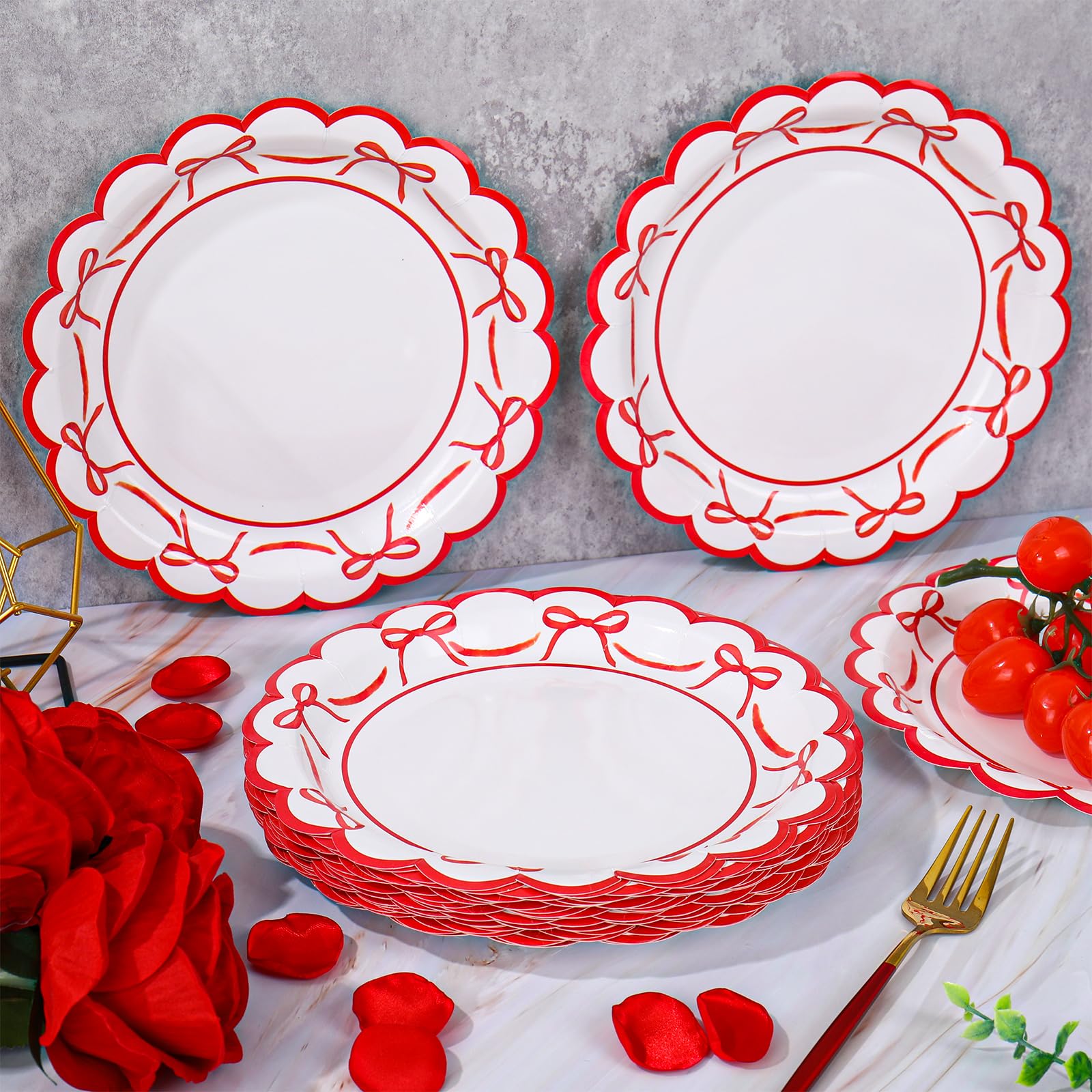 JarThenaAMCS 50 Pcs Red Bow Paper Plates Bowknot Scalloped Disposable Plate Decorative Tableware for Holiday Party Decor Supplie