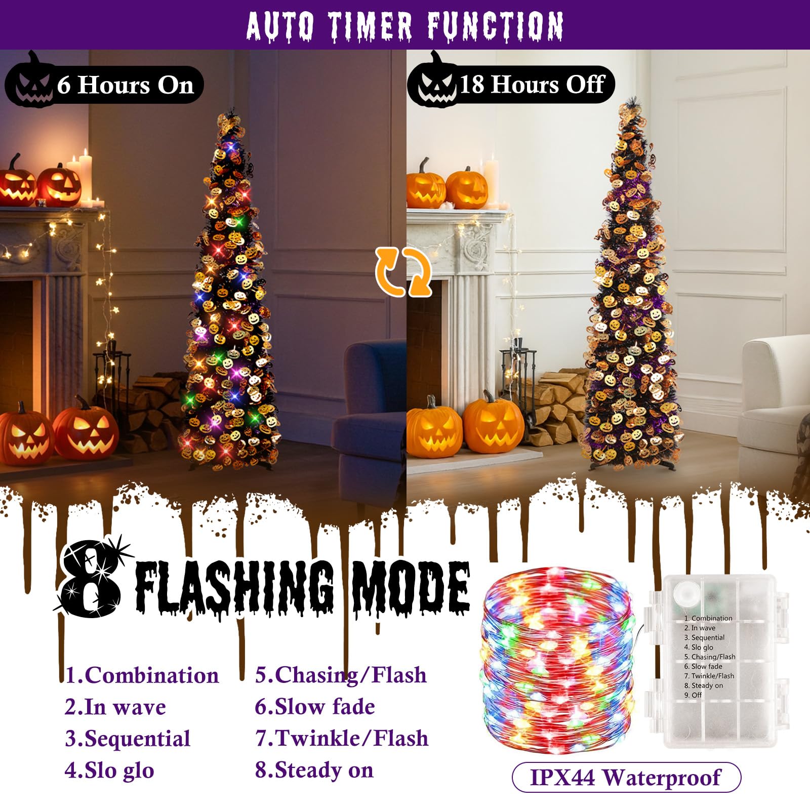 N&T NIETING Halloween Tree Decorations with 100LED Lights 5FT Pop Up with Timer & 8 Modes Collapsible Pencil Tinsel Trees with H