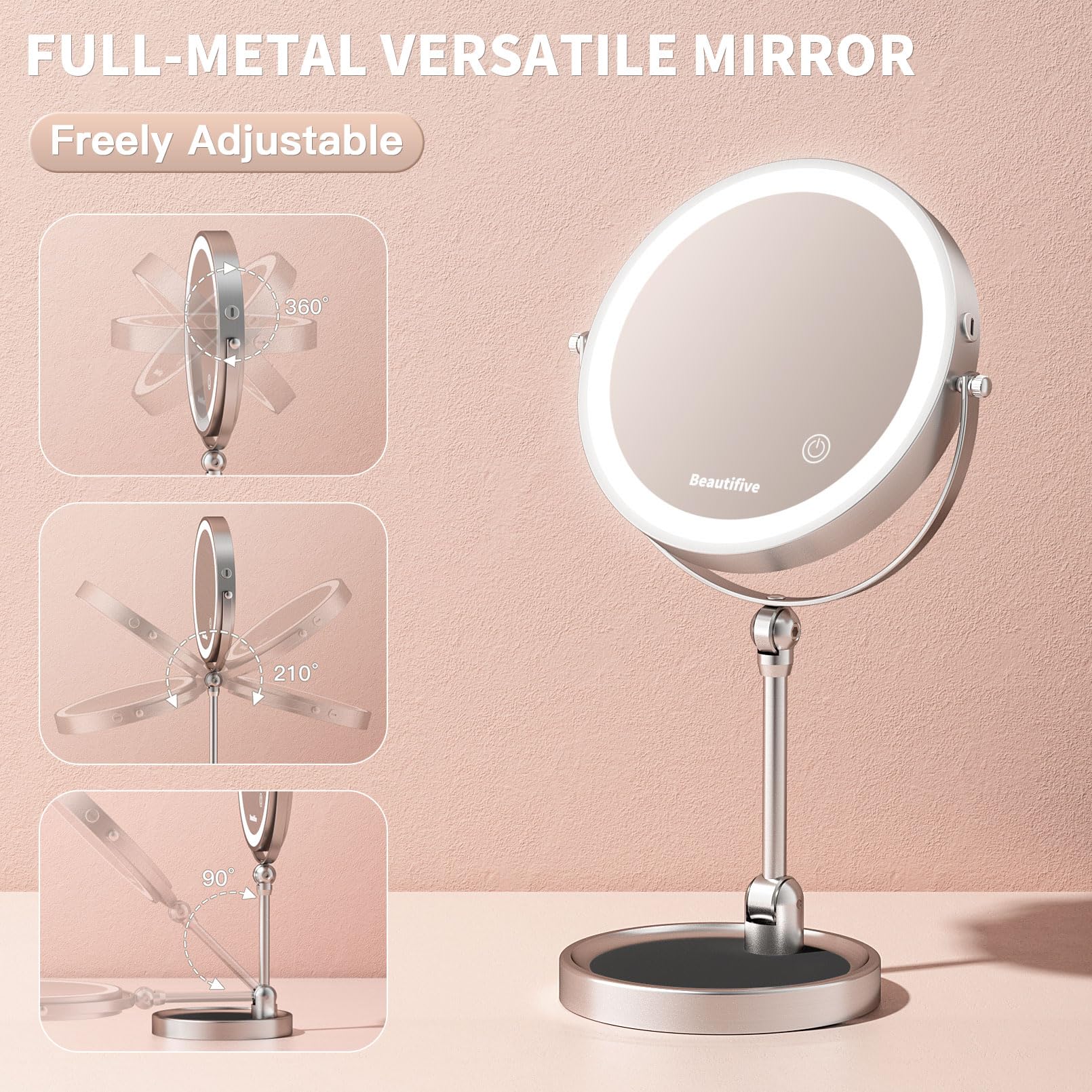 Beautifive 10'' Makeup Mirror With Light, 12X/1X Lighted Magnifying Mirror, Angle Adjustable & 3 Color Dimmable, 360Rotatable Re