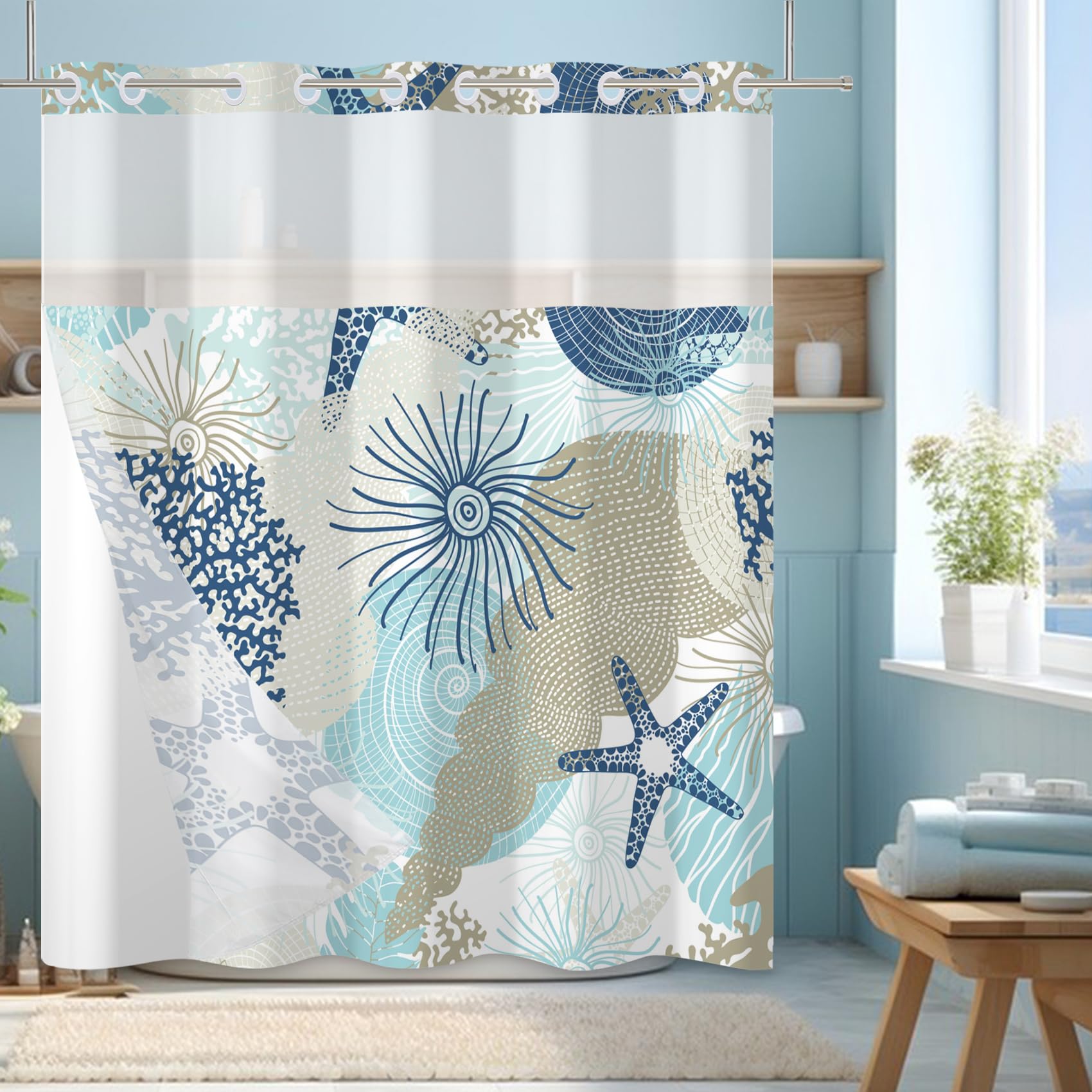 Yanutan No Hook Shower Curtain,Blue Ocean Double-Layered Shower Curtain With Snap-In Liner And Weights,Starfish Coral Nautical C