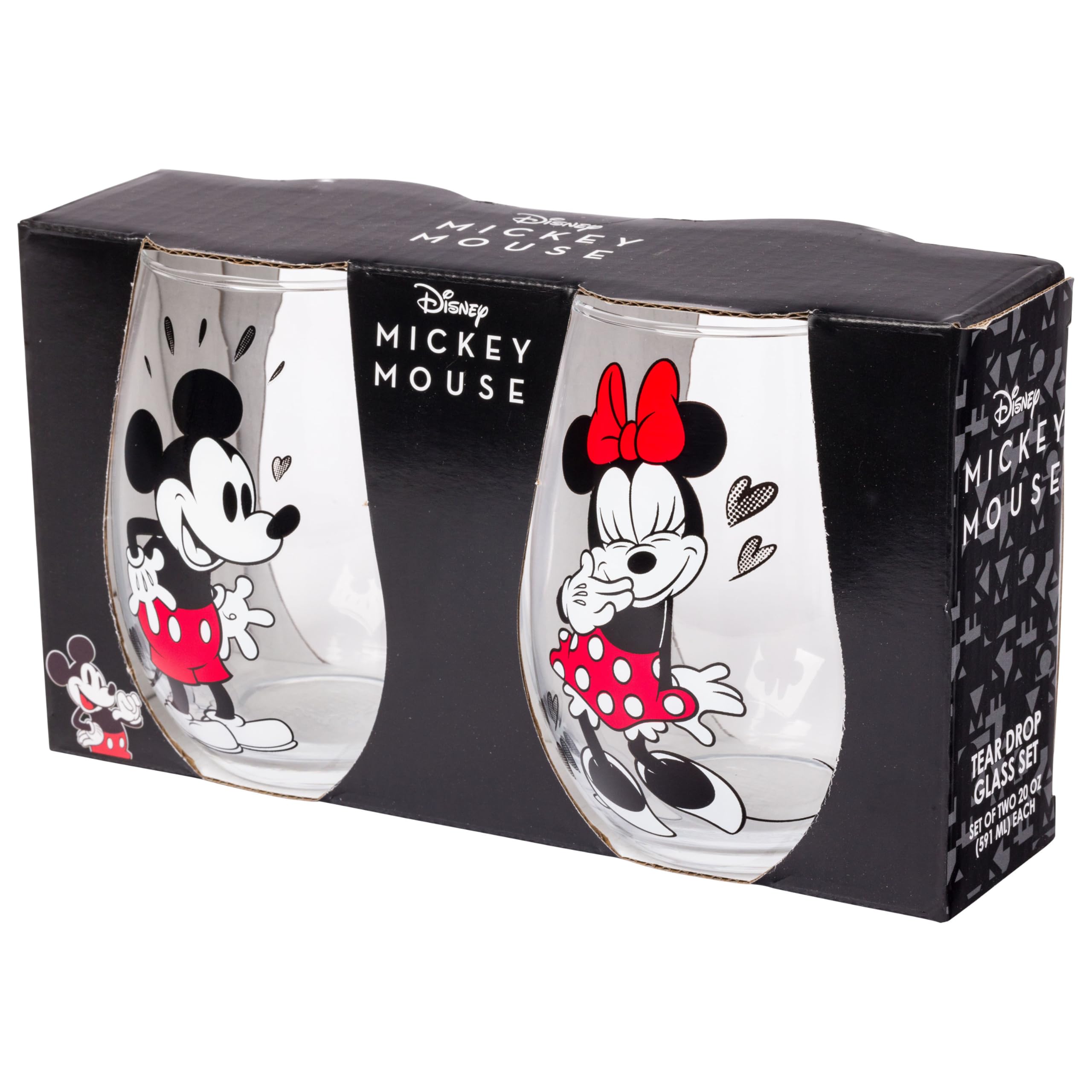 Silver Buffalo Disney Mickey And Minnie Love Halftone Hearts Boxed 2Pc Stemless Glass Set, 20 Ounces