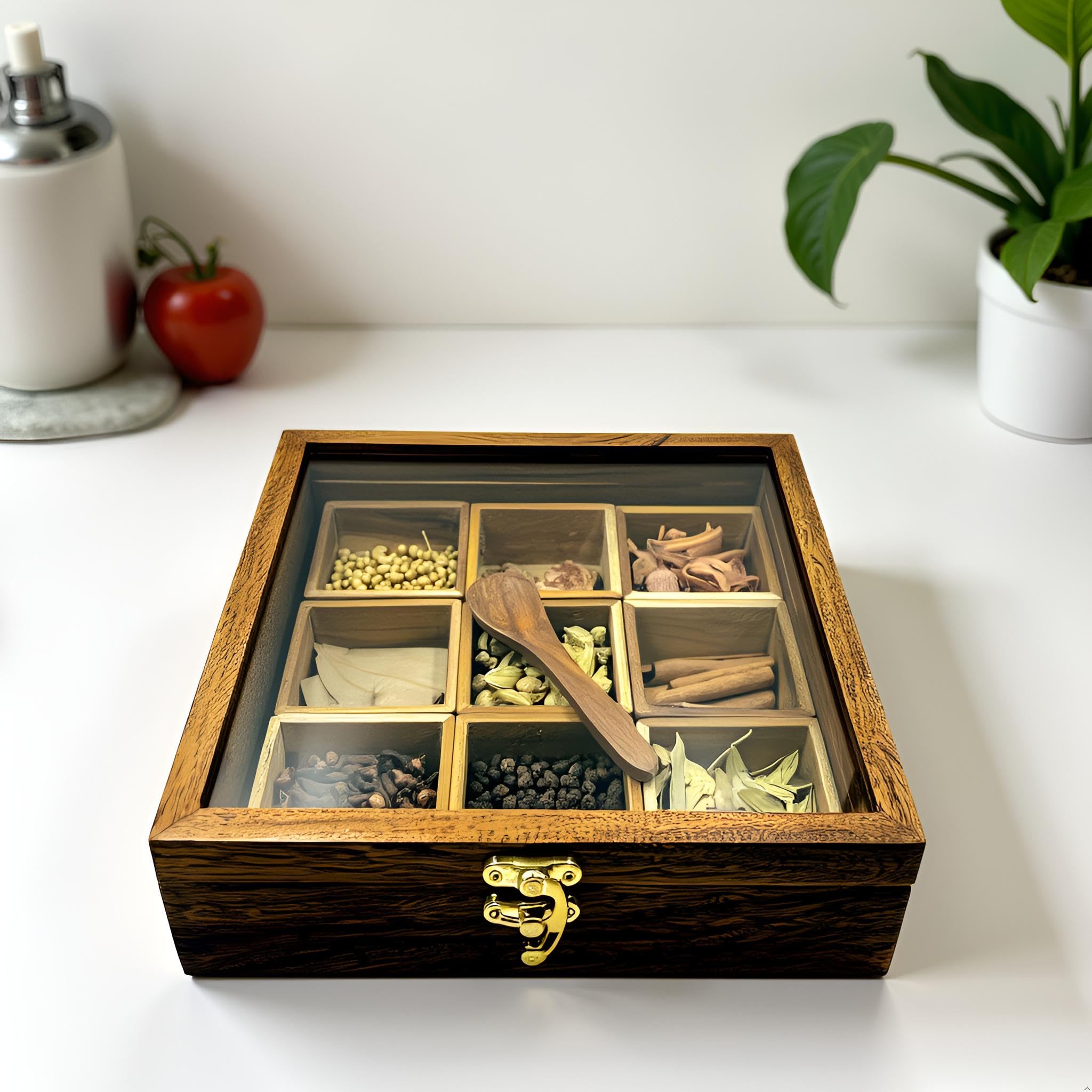 Angira Handicrafts Wooden Masala Box Wooden Table Top Masala Dabba Containers Jars Cum Kitchen Spice Box With Spoon (Brown)