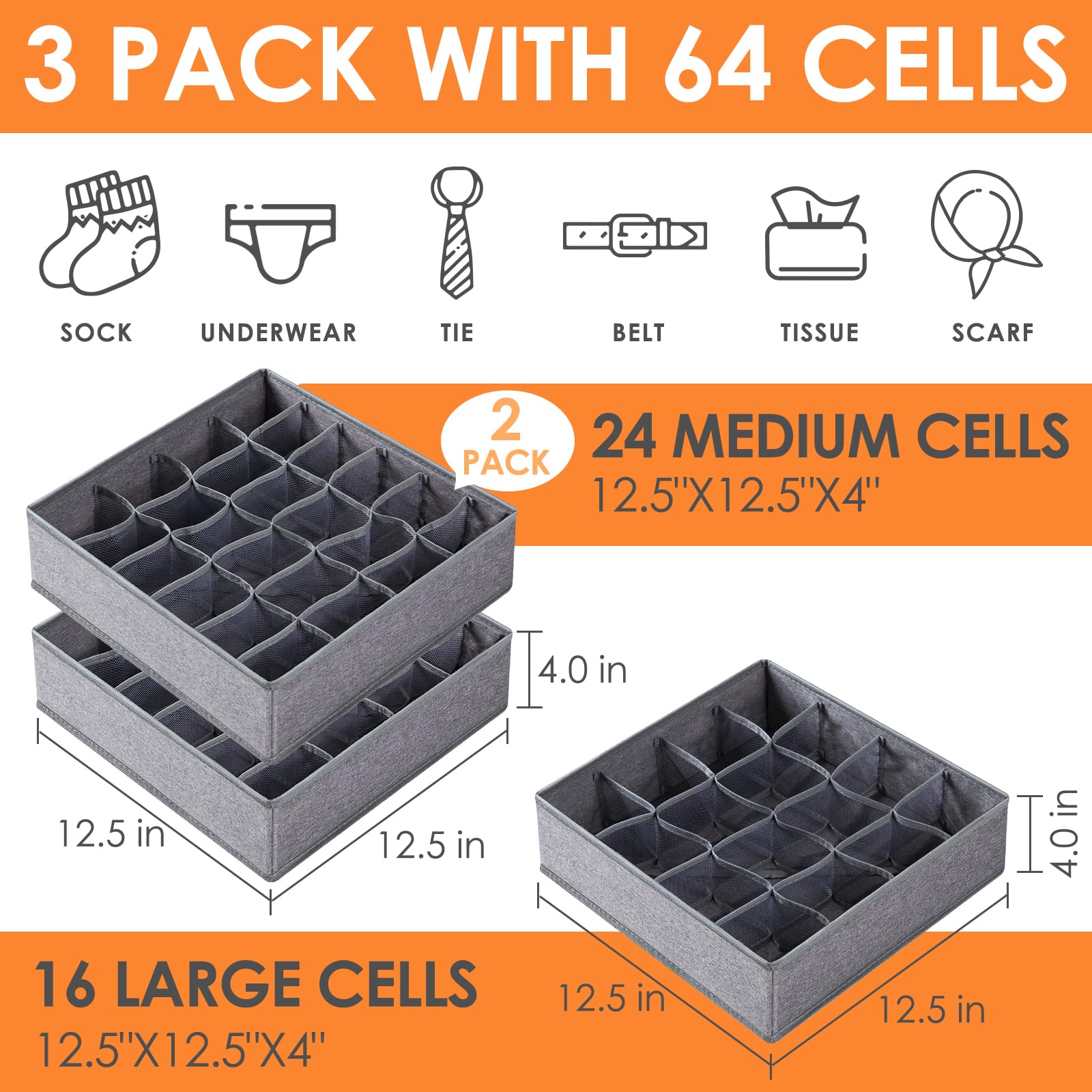Criusia 3 Pack Sock Underwear Organizer Dividers, 64 Cell Drawer Fabric Foldable Cabinet Closet Storage Boxes for Storing Socks,