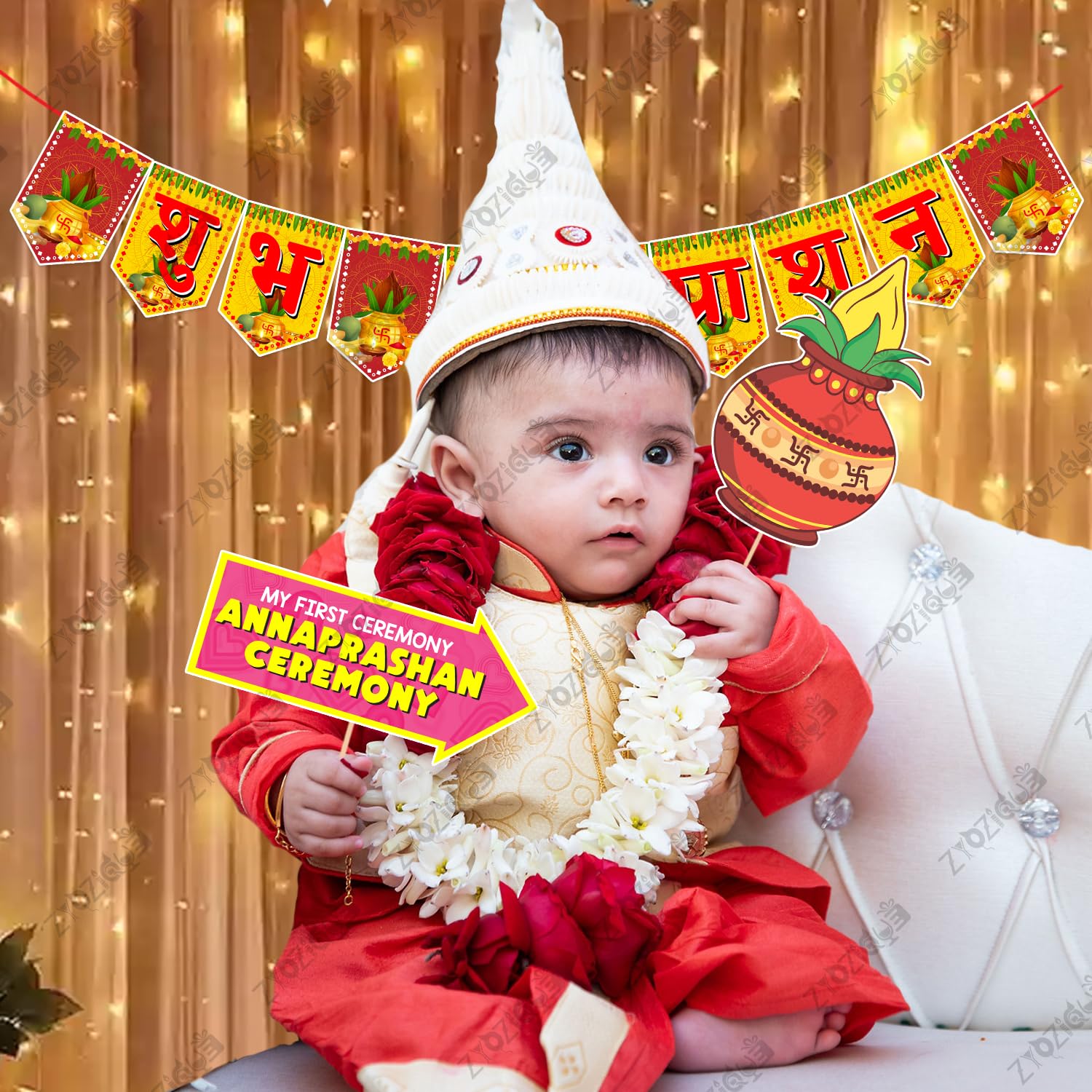 Zyozique  Annaprasanam Photo Booth Props With Annaprasanam Paper Bunting Paper Banner Hindi Font Shubh Annaprashan | Rice Ceremo