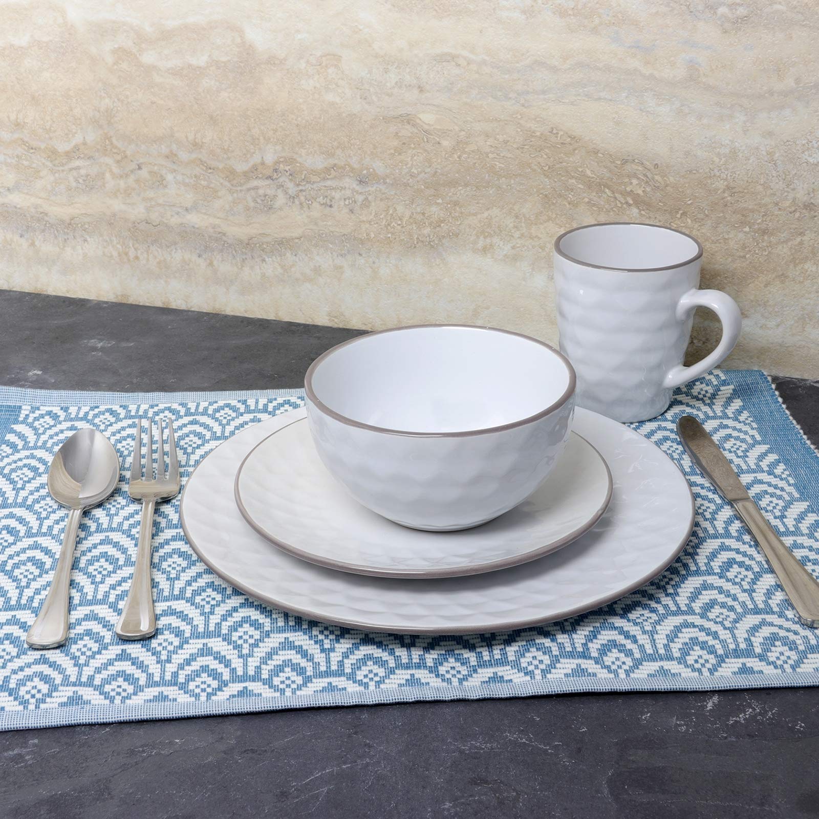 Elama Round Stoneware Pearl Collection Dinnerware Dish Set, 16 Piece, White