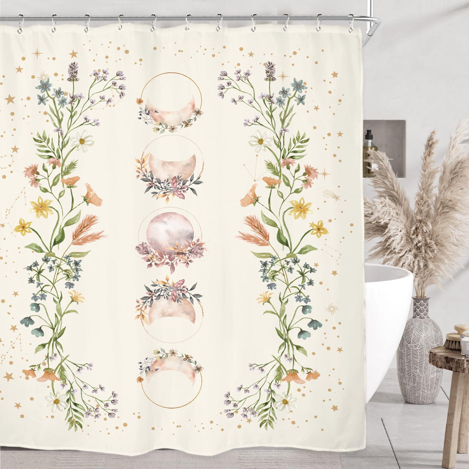 Miyotaa Moon Phase Shower Curtain Set 60Wx71H Inches Moonlit Herb Wildflower Witchy Celestial Flower Floral Botanical Tarot Bath