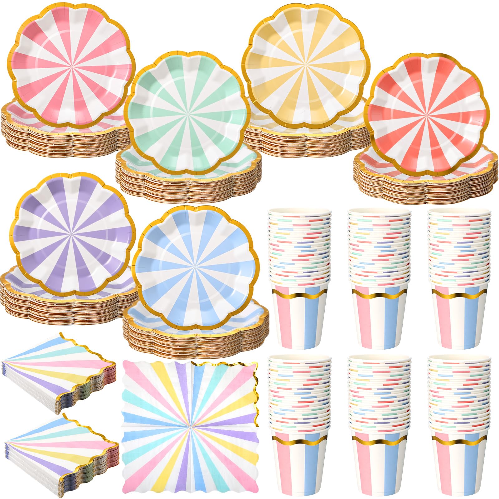 Yungyan 108 Pcs Pastel Striped Plates and Napkins Party Supplies Serve 36 Guest Disposable Scalloped with Gold Foil Tableware Se