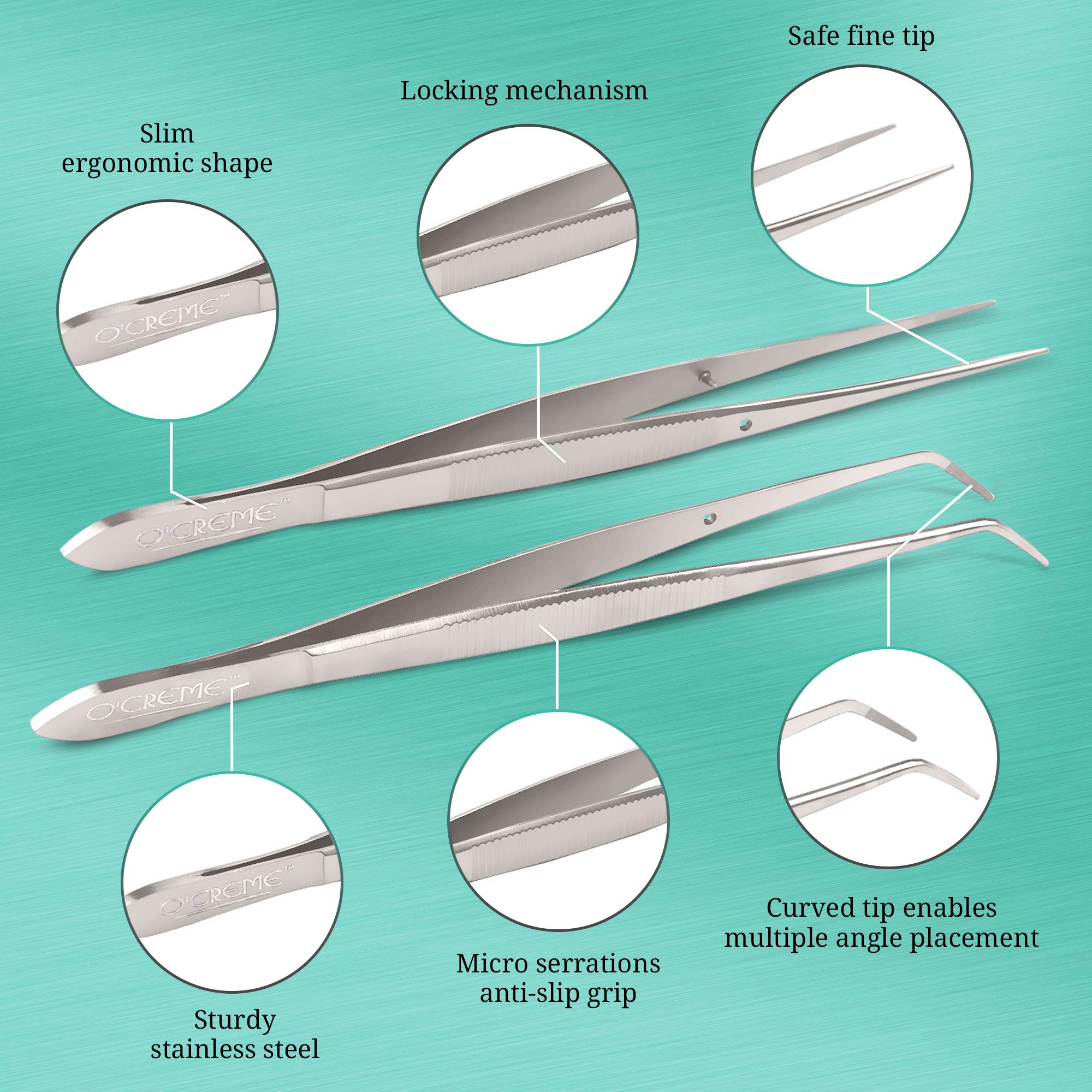 O'Creme Stainless Steel Precision Kitchen Culinary Fine-Tip Tweezer Tongs  1 Curved and 1 Straight