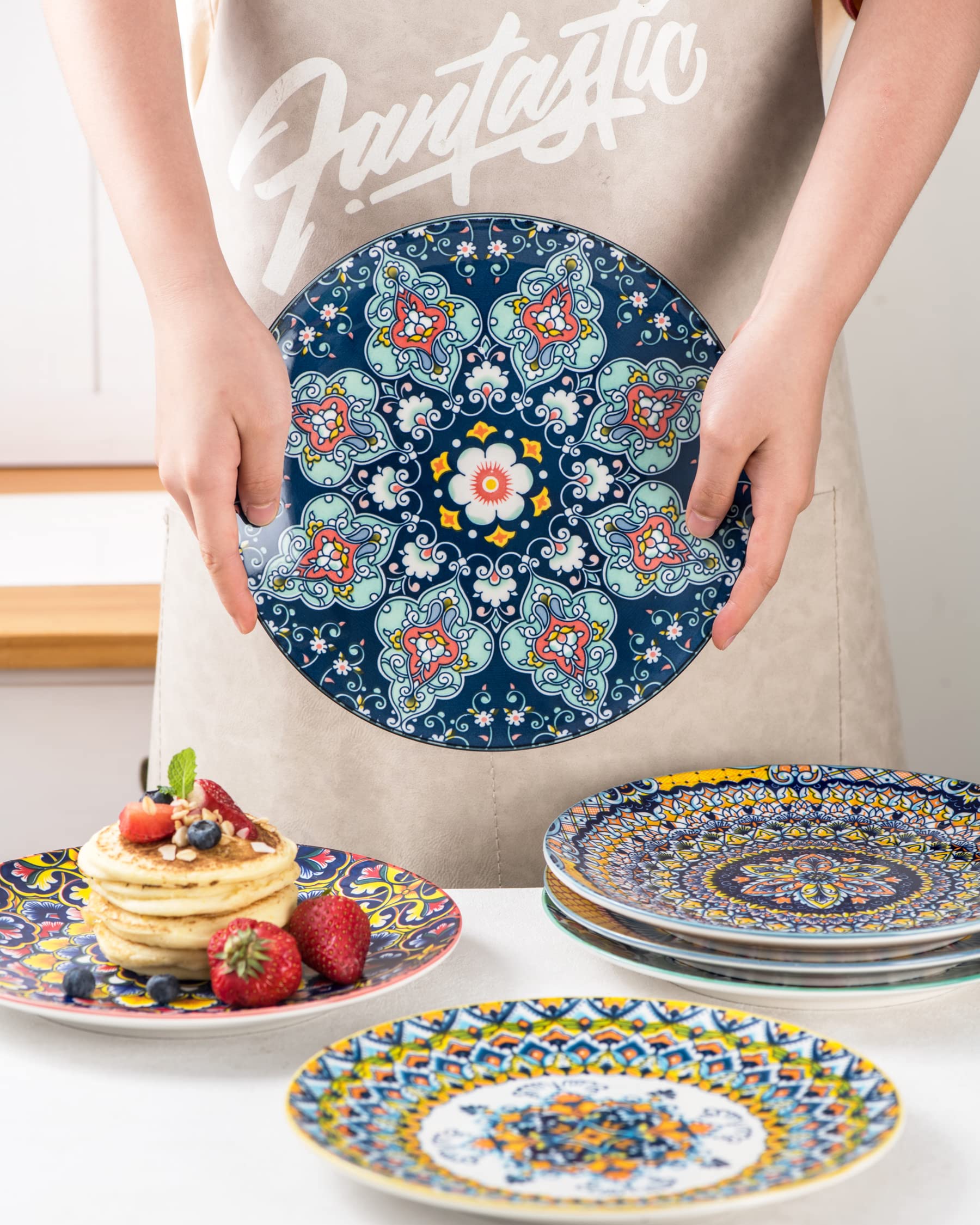 HENXFEN LEAD Ceramic Salad Dinner Plate 8.7 Inch  Colorful Plates Set of 6 for Dessert  Appetizer  Snacks - Porcelain Serving Dishes for Thanksgiving & Christmas  Dinnerware Set - Bohemian Style