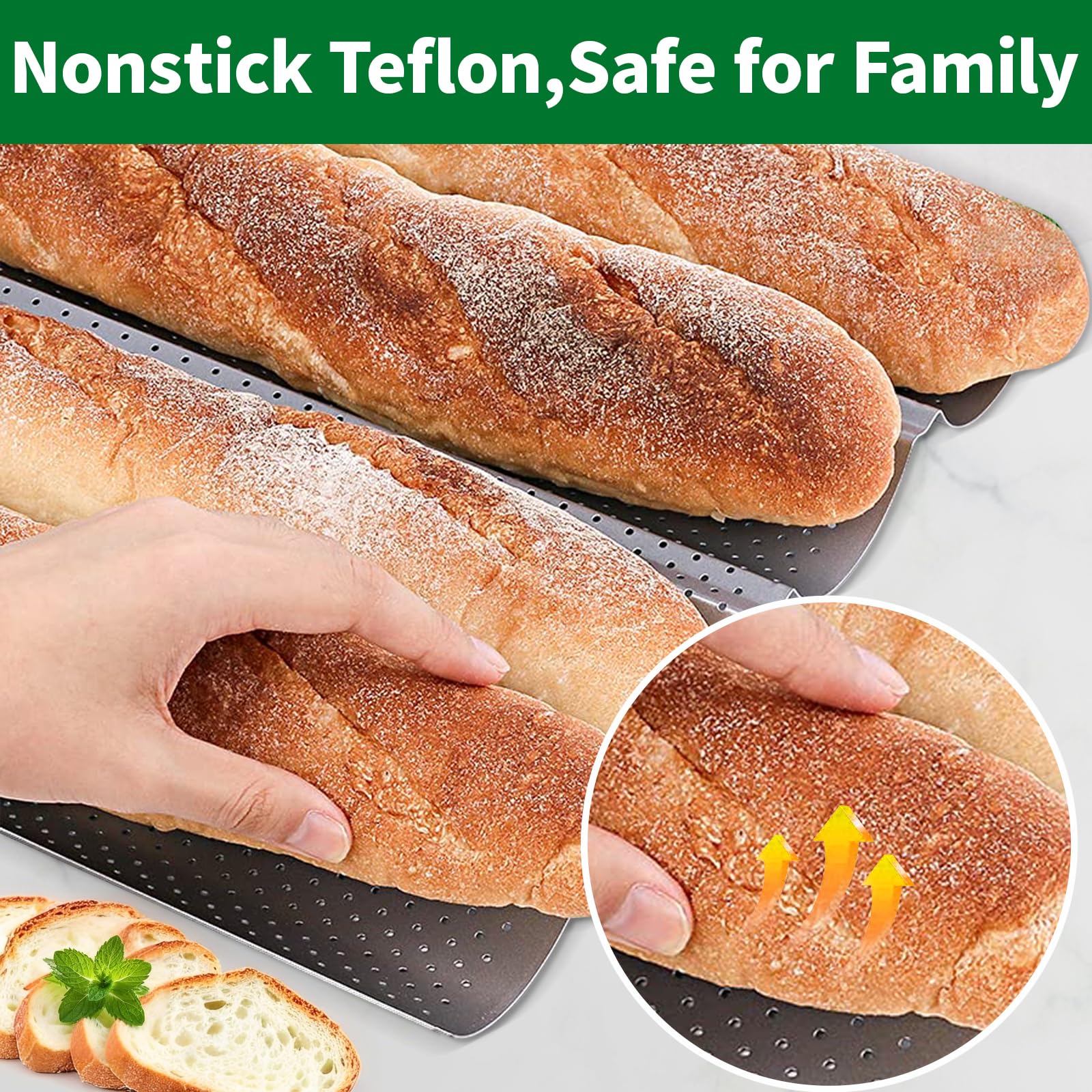 AMAGABELI Baguette Bread Pan 15"x13" Nonstick Perforated Tray for 4 Loaves, Silver - French Bread Baking Mold, FGKM001
